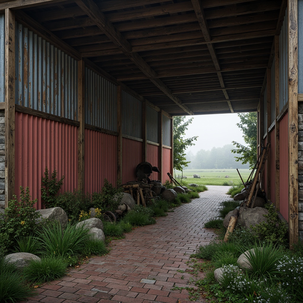 Prompt: Rustic barn, distressed wood textures, corrugated metal cladding, vintage farm tools, weathered stone walls, overgrown vegetation, worn brick pathways, reclaimed wooden beams, industrial metal accents, modern postmodernist twists, bold color blocking, asymmetrical compositions, dramatic lighting effects, foggy misty atmosphere, soft focus photography, 1/2 composition, high contrast ratios, gritty realistic textures.