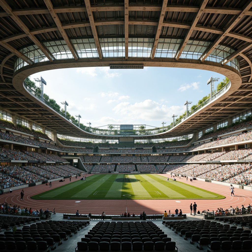 Prompt: Large sports stadium, natural ventilation system, open-air design, green roofs, solar panels, wind turbines, clerestory windows, high ceilings, exposed ductwork, steel beams, concrete structure, retractable roof, grassy playing field, athletic tracks, tiered seating, vibrant crowd, sunny day, soft warm lighting, shallow depth of field, 3/4 composition, panoramic view, realistic textures, ambient occlusion.