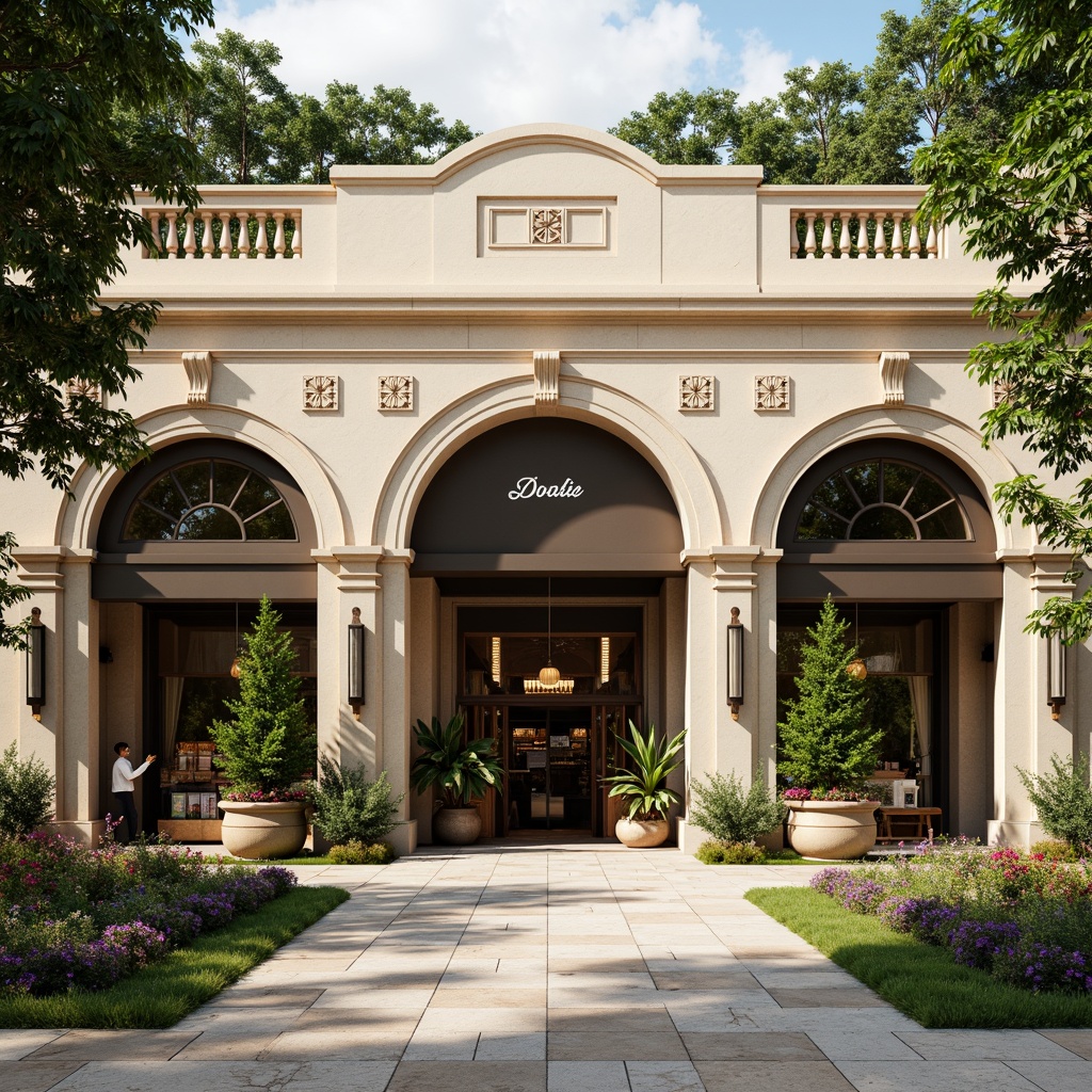 Prompt: Elegant neoclassical grocery store facade, ornate columns, symmetrical entrance, lush greenery, flowering urns, manicured lawns, meandering walkways, rustic stone pavers, vintage lanterns, classic signage, sophisticated awnings, refined canopy, warm beige stonework, subtle arches, soft natural lighting, shallow depth of field, 1/2 composition, harmonious color palette, realistic textures, ambient occlusion.