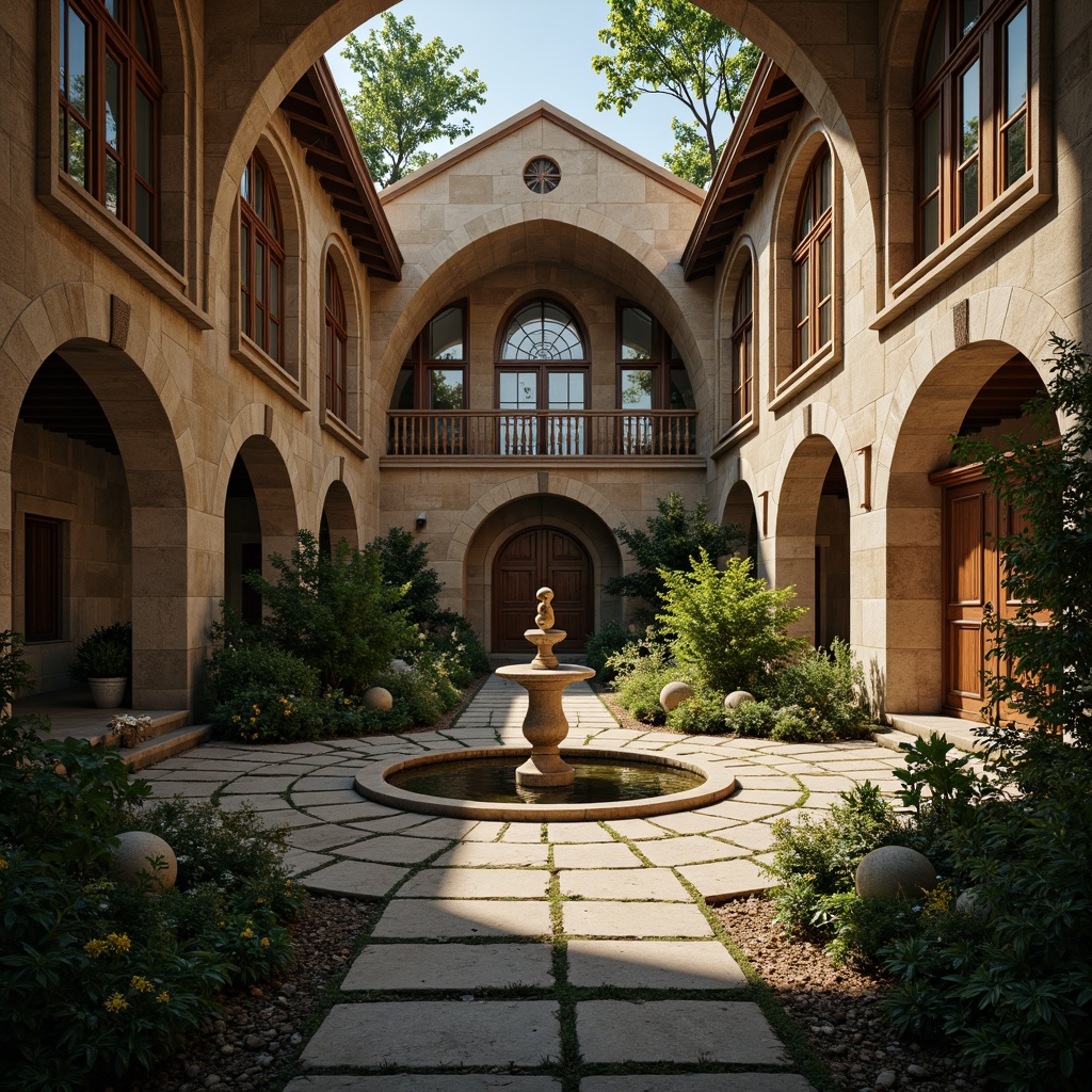 Prompt: Ancient monastery, rustic stone walls, ornate wooden doors, grand arches, vaulted ceilings, stained glass windows, serene courtyard, lush greenery, peaceful fountain, natural stone pathways, subtle warm lighting, soft focus, shallow depth of field, 1/1 composition, symmetrical view, realistic textures, ambient occlusion.