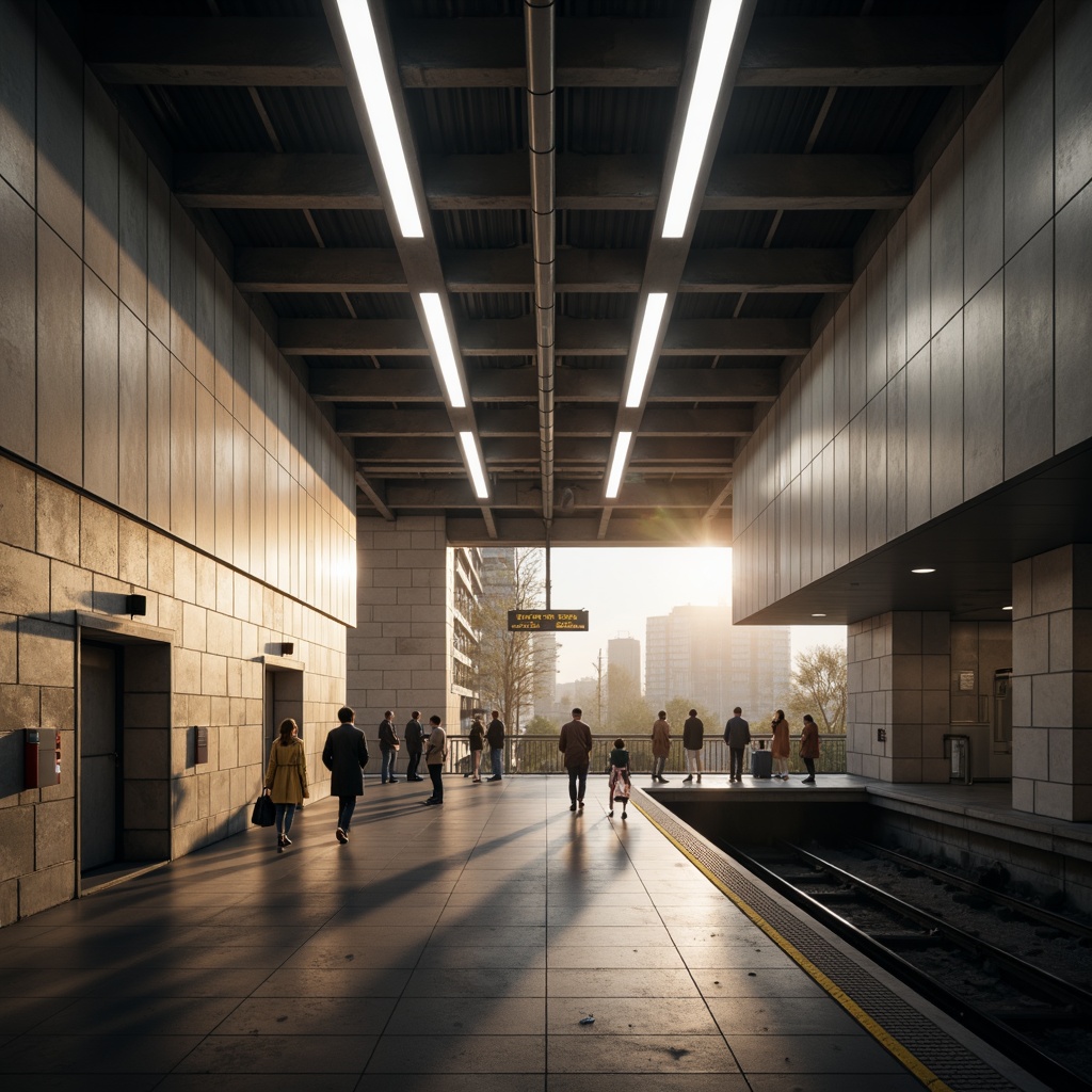 Prompt: Modern metro station, minimalist architecture, clean lines, simple shapes, industrial materials, concrete walls, steel beams, LED lighting strips, subtle color scheme, soft warm glow, ambient occlusion, shallow depth of field, 1/1 composition, high contrast ratio, dramatic shadows, futuristic ambiance, urban atmosphere, rush hour crowds, morning sunlight, realistic textures.