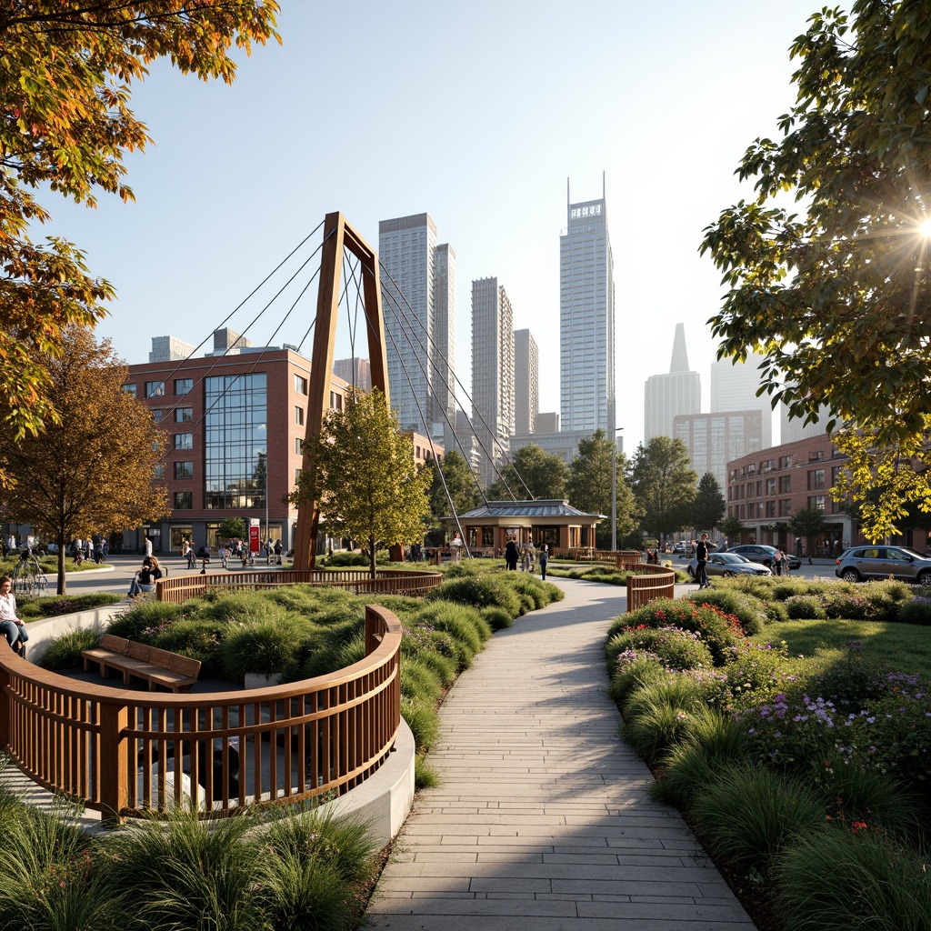 Prompt: Curved pedestrian bridge, lush greenery, vibrant flowers, wooden railings, steel arches, suspension cables, urban skyline, bustling city streets, morning sunlight, soft warm lighting, shallow depth of field, 3/4 composition, panoramic view, realistic textures, ambient occlusion, integrated seating areas, public art installations, interactive exhibits, educational signage, accessible walkways, sustainable materials, eco-friendly design.