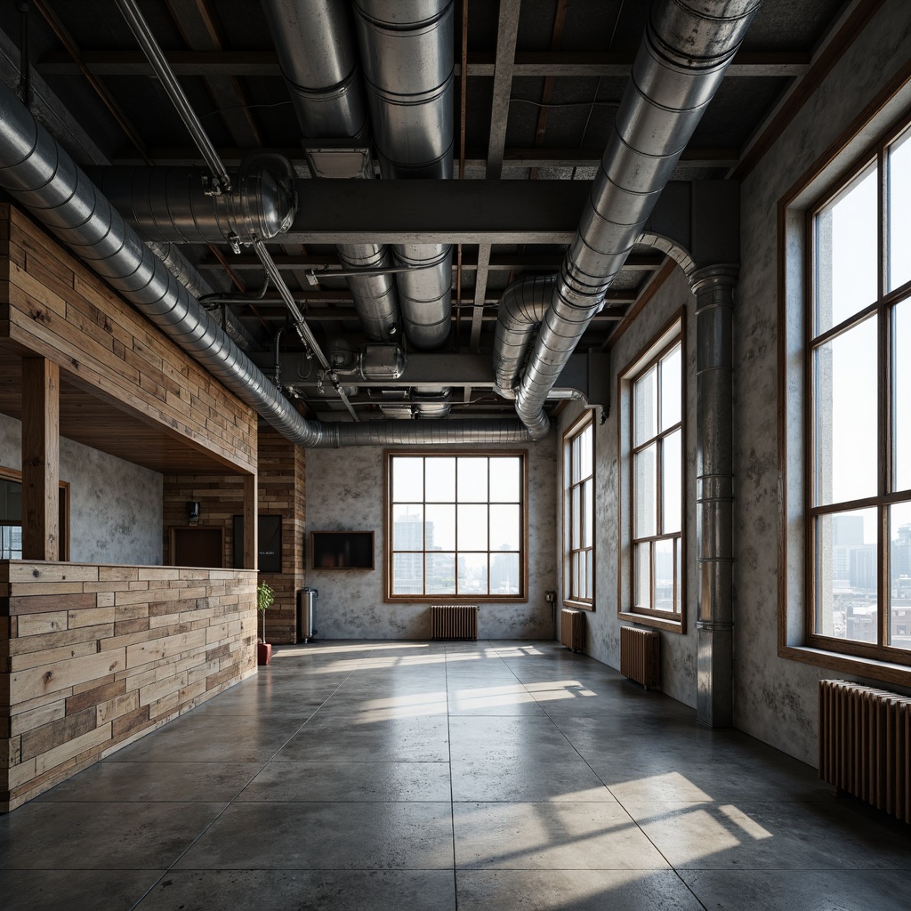 Prompt: Exposed ductwork, industrial pipes, metal beams, concrete floors, reclaimed wood accents, urban loft atmosphere, large windows, steel frames, minimalist decor, functional simplicity, monochromatic color scheme, atmospheric lighting, soft shadows, cinematic composition, 1/2 camera angle, realistic textures, subtle weathering effects.