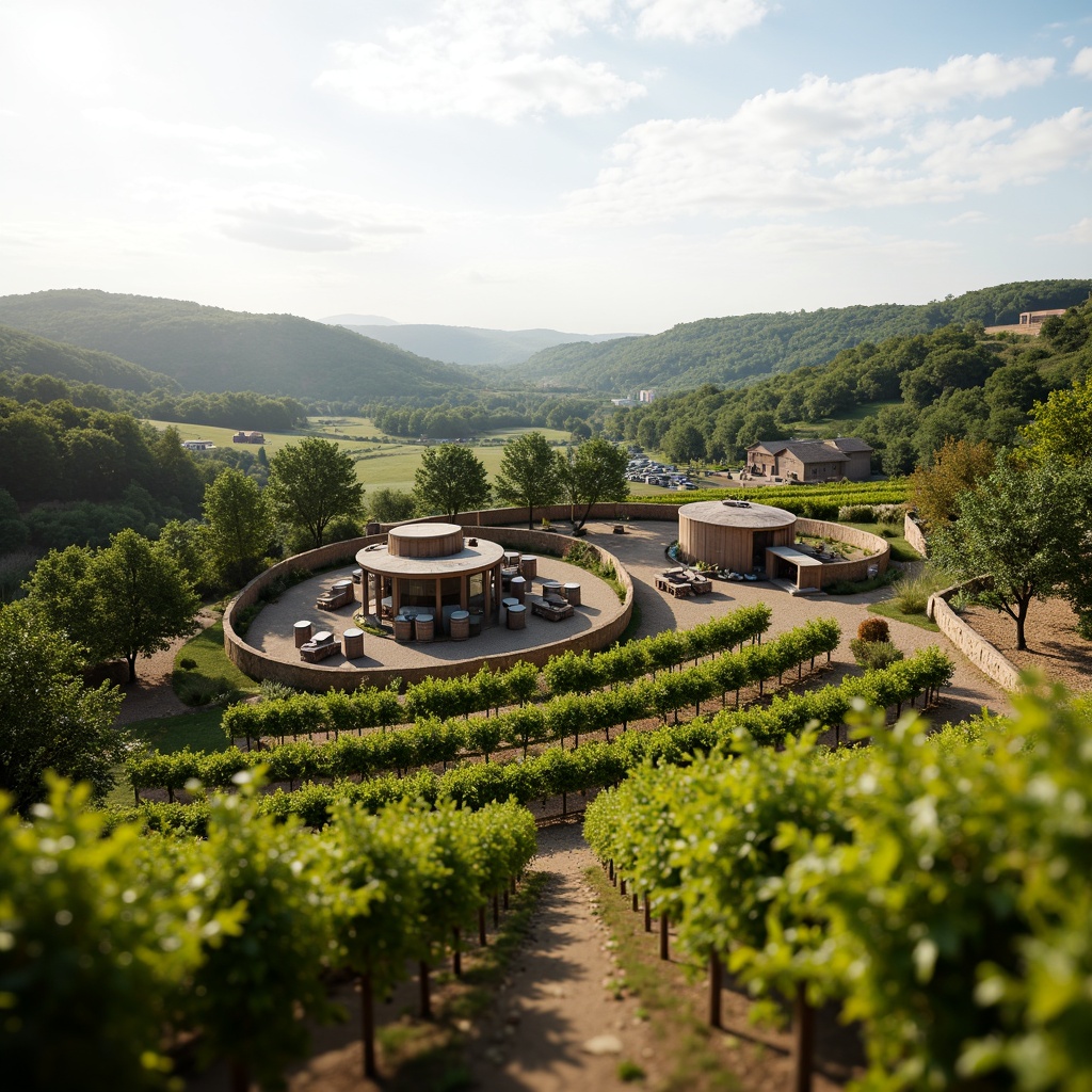 Prompt: Vineyard landscape, rolling hills, lush greenery, rustic stone walls, wooden trellises, verdant vines, wine barrels, cellar doors, modern winery architecture, curved lines, minimalist design, natural materials, earthy tones, warm lighting, shallow depth of field, 3/4 composition, panoramic view, realistic textures, ambient occlusion.