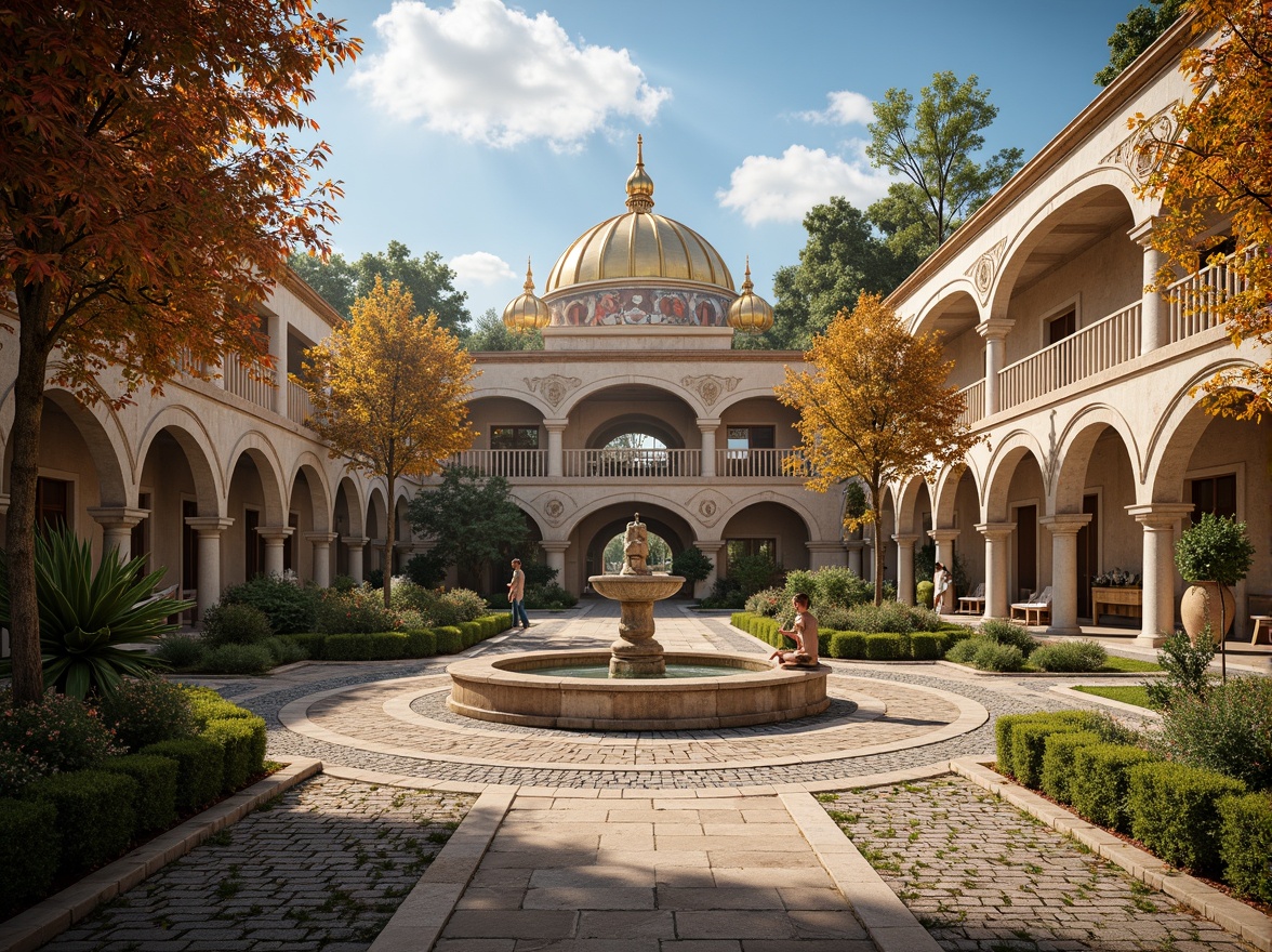 Prompt: Majestic Byzantine palace, lush Mediterranean gardens, ornate fountain statues, intricately carved stone walls, golden domes, vibrant mosaics, grand archways, sprawling courtyards, rustic olive trees, winding cobblestone paths, serene water features, warm golden lighting, dramatic shadows, 1/2 composition, symmetrical framing, cinematic depth of field.