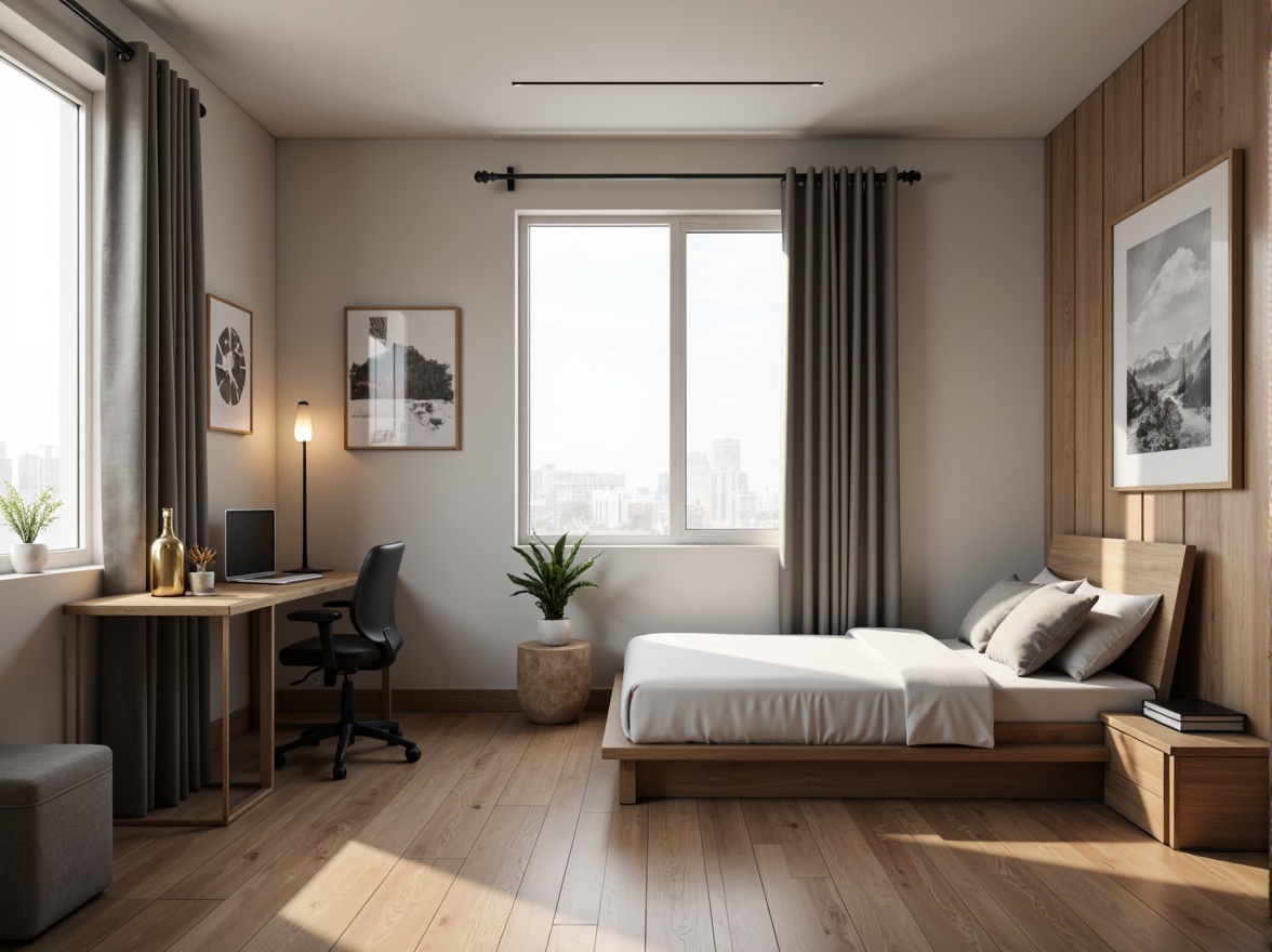 Prompt: Simple dorm room, minimalist decor, clean lines, monochromatic color scheme, wooden flooring, compact furniture, single bed, built-in desk, ergonomic chair, geometric-shaped decorations, industrial-style lighting, plenty of natural light, sheer curtains, subtle textures, soft warm glow, 1/1 composition, realistic rendering, ambient occlusion.