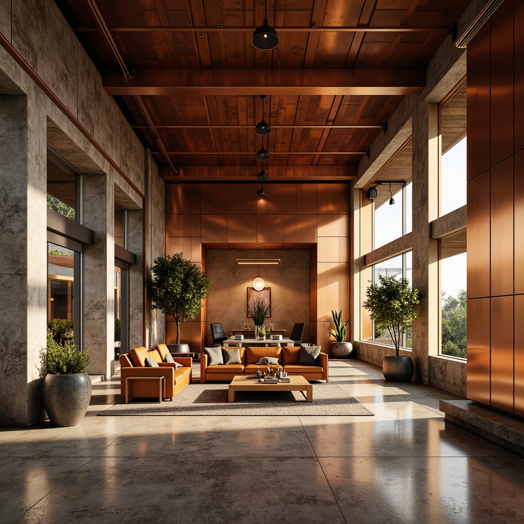 Prompt: Luxurious modern interior, copper accents, metallic sheen, warm golden tones, sleek lines, minimalist decor, industrial chic, polished concrete floors, reclaimed wood walls, floor-to-ceiling windows, natural light pouring in, soft warm glow, 1/1 composition, shallow depth of field, realistic textures, ambient occlusion.