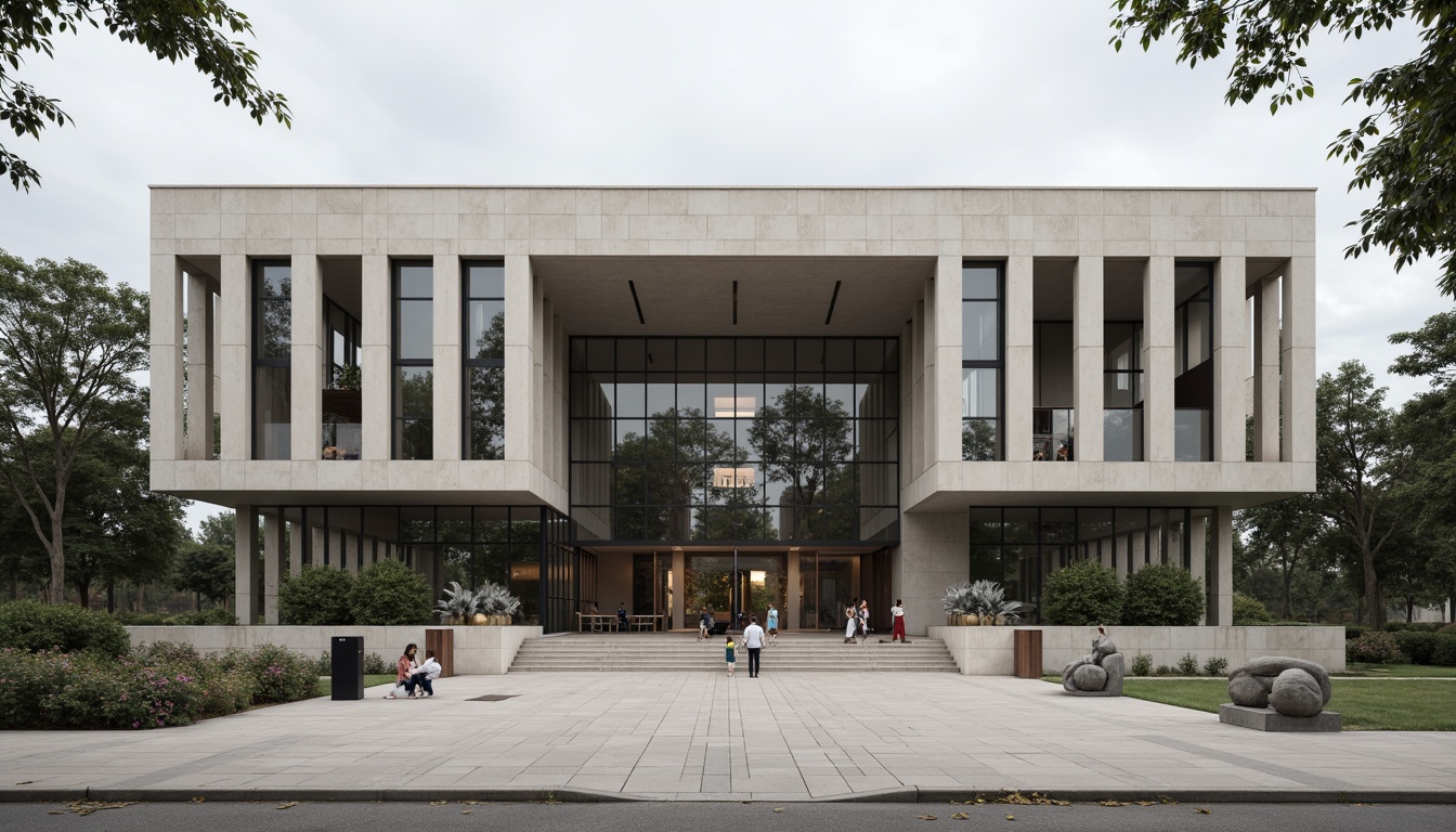 Prompt: Monumental memorial center, geometric Bauhaus facade, rectangular forms, clean lines, minimal ornamentation, functionalism emphasis, brutalist concrete structures, industrial steel frames, large glass windows, abstract sculptures, commemorative plaques, solemn atmosphere, muted color palette, natural stone cladding, rhythmic column arrangements, asymmetrical compositions, dramatic shading, high-contrast lighting, documentary-style photography, realistic textures, ambient occlusion.