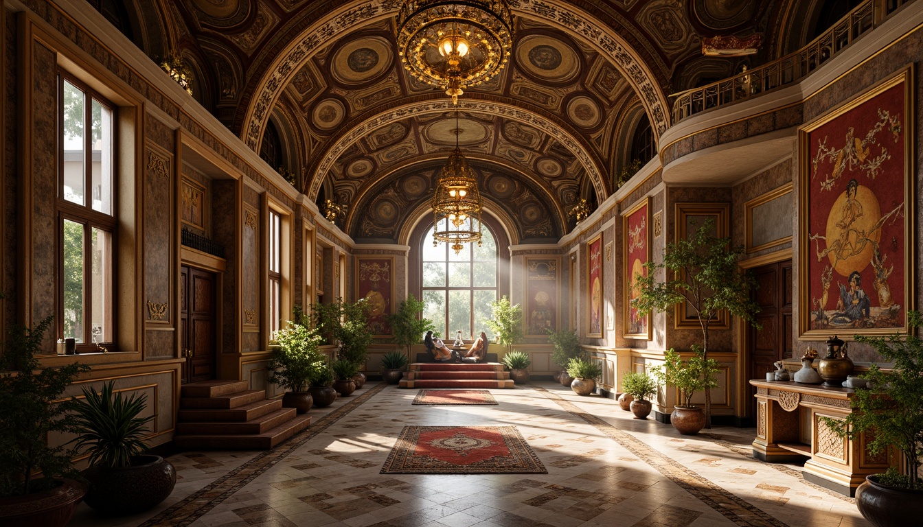 Prompt: Intricate mosaics, gilded accents, ornate archways, grandiose domes, lavish frescoes, richly patterned textiles, luxurious marble floors, ornamental columns, Byzantine-inspired ornaments, golden lighting fixtures, mystical ambiance, warm color palette, high-contrast shading, dramatic depth of field, 2/3 composition, cinematic lighting, realistic textures, ambient occlusion.