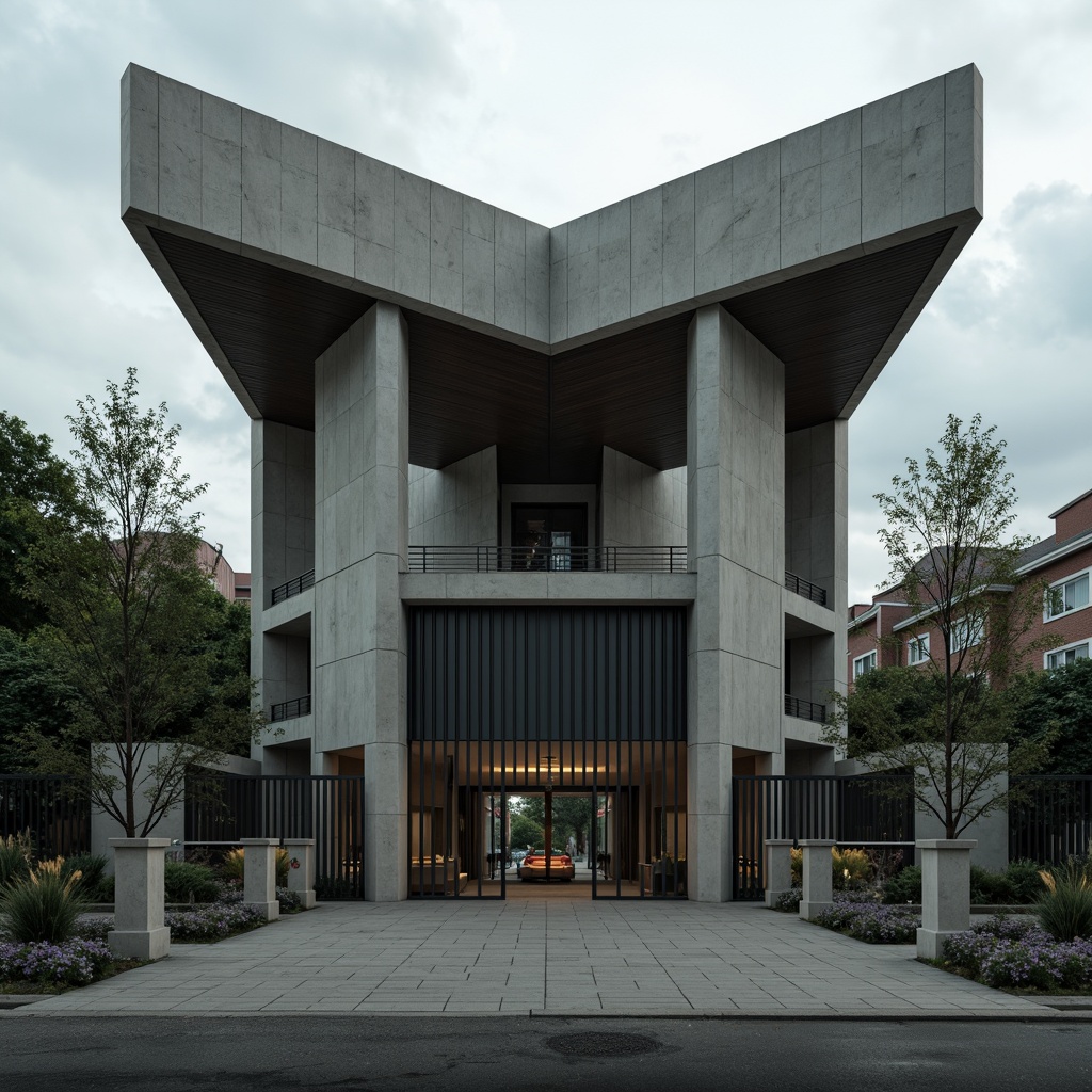 Prompt: Rugged concrete fa\u00e7ade, brutalist architecture, imposing cantilevered roofs, robust steel beams, raw textured walls, monumental entrance gates, geometric patterned fences, urban landscape surroundings, cloudy overcast sky, dramatic low-angle lighting, 1/2 composition, symmetrical framing, realistic atmospheric effects, gritty detailed textures.