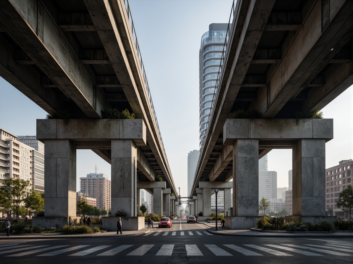 Prompt: Rugged brutalist bridge, industrial materials, exposed concrete structures, metallic beams, functional simplicity, clean lines, minimalist aesthetics, urban landscape, city skyline, busy streets, pedestrians, vehicles, dramatic shadows, low-angle sunlight, high-contrast lighting, misty atmosphere, foggy mornings, 3/4 composition, symmetrical framing, detailed textures, ambient occlusion.