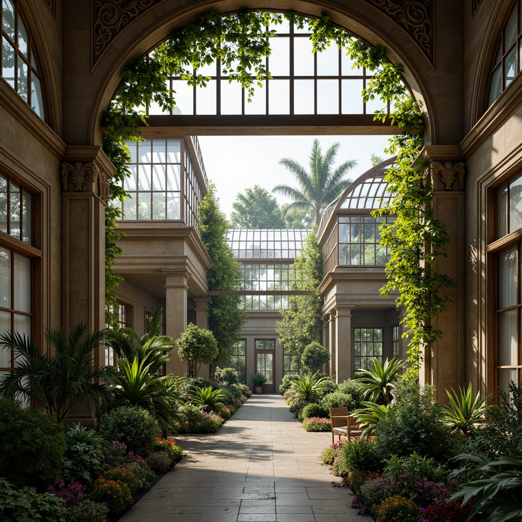 Prompt: Elegant greenhouse facades, ornate stone carvings, lush greenery, climbing vines, large glass windows, wooden frames, metal beams, natural light filtering, warm interior ambiance, botanical gardens, tropical plants, exotic flowers, misty atmosphere, soft diffused lighting, shallow depth of field, 1/1 composition, symmetrical view, realistic textures, ambient occlusion.