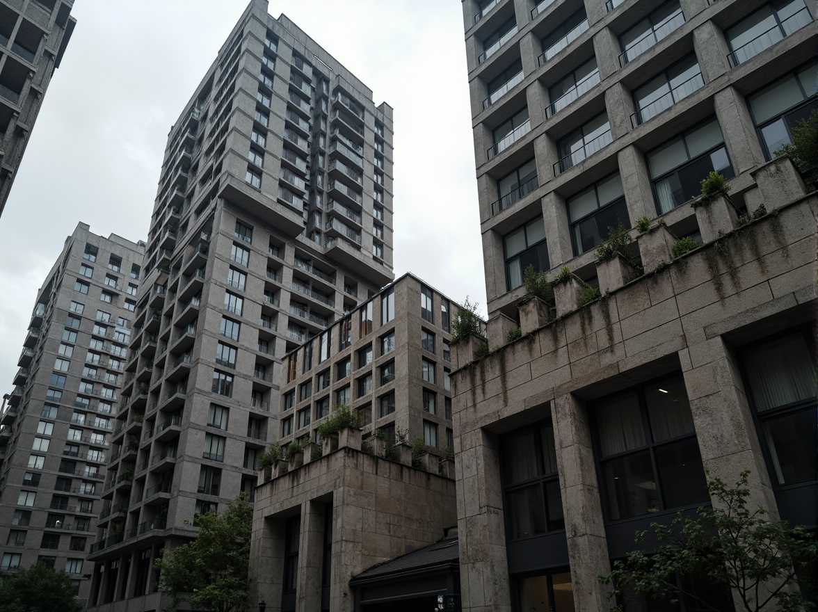 Prompt: Raw concrete skyscrapers, rugged brutalist architecture, exposed ductwork, industrial textures, distressed metal cladding, weathered stone fa\u00e7ades, bold geometric forms, fortress-like structures, urban cityscape, gloomy overcast sky, dramatic high-contrast lighting, intense shadows, 1/1 composition, close-up shot, realistic materials, ambient occlusion.