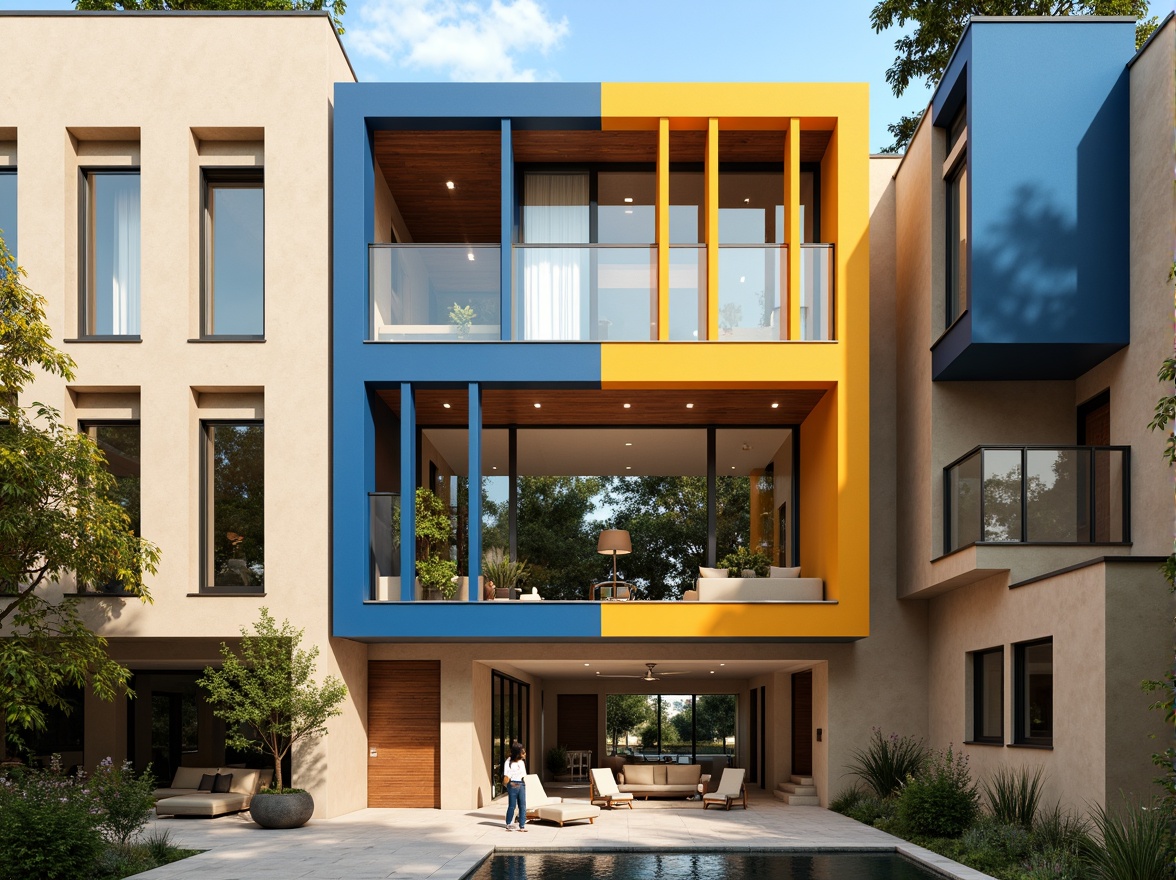 Prompt: Vibrant building facade, bold color blocking, contrasting hues, harmonious palette, natural light reflection, warm beige walls, cool blue accents, rich wood textures, metallic silver details, modern minimalist aesthetic, open floor plan, spacious interior, abundant natural light, clerestory windows, soft diffused lighting, 1/1 composition, realistic renderings, atmospheric perspective.