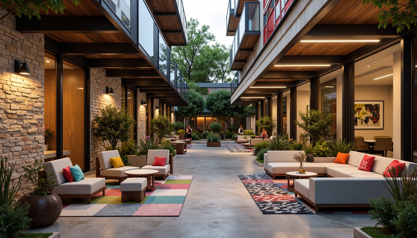 Prompt: Vibrant hostel exterior, eclectic fa\u00e7ade, contrasting materials, rough stone walls, smooth wooden accents, industrial metal beams, rustic brick textures, modern glass windows, cozy courtyard, lush greenery, natural light, warm ambiance, communal lounge, minimalist furniture, colorful throw pillows, abstract artwork, exposed ductwork, polished concrete floors, geometric patterned rugs, soft warm lighting, shallow depth of field, 3/4 composition, realistic textures, ambient occlusion.