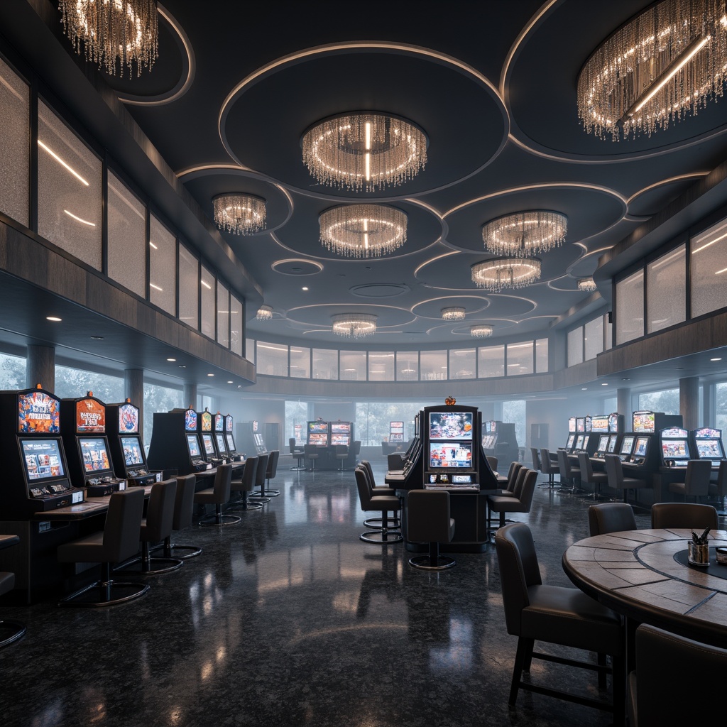 Prompt: Gray-toned casino, modern blob architecture, rounded shapes, metallic accents, LED light installations, foggy atmosphere, misty ambiance, luxurious interior design, high-stakes gaming area, VIP lounge, dark gray marble floors, sleek chrome fixtures, ambient lighting, shallow depth of field, 1/2 composition, cinematic mood, realistic reflections, advanced normal mapping.