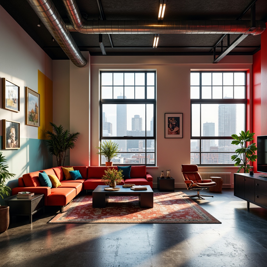 Prompt: Vibrant apartment interior, bold color blocking, contrasting textures, geometric patterns, minimalist decor, sleek metal accents, matte black furniture, pastel-hued walls, natural light pouring, floor-to-ceiling windows, urban cityscape views, modern industrial architecture, exposed ductwork, polished concrete floors, statement lighting fixtures, cozy reading nooks, plush area rugs, 1/1 composition, high-contrast color scheme, dramatic shadows, cinematic lighting, atmospheric ambiance.