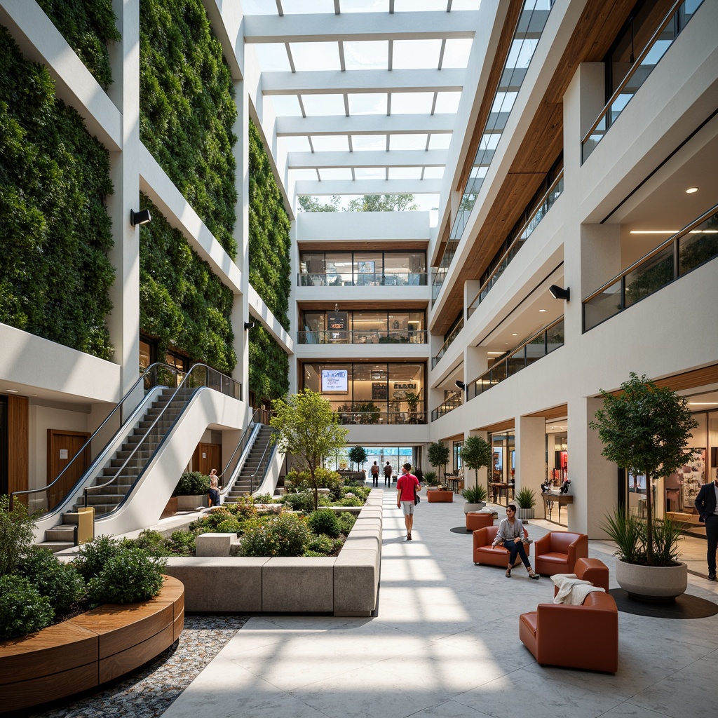 Prompt: Vibrant shopping center interior, modern atrium design, natural light pouring in, sleek escalators, polished marble floors, stainless steel railings, comfortable seating areas, lush green walls, wooden accents, suspended ceilings, trendy lighting fixtures, futuristic kiosks, interactive digital displays, elegant storefronts, spacious corridors, airy atmosphere, shallow depth of field, 1/2 composition, warm color palette, ambient occlusion.