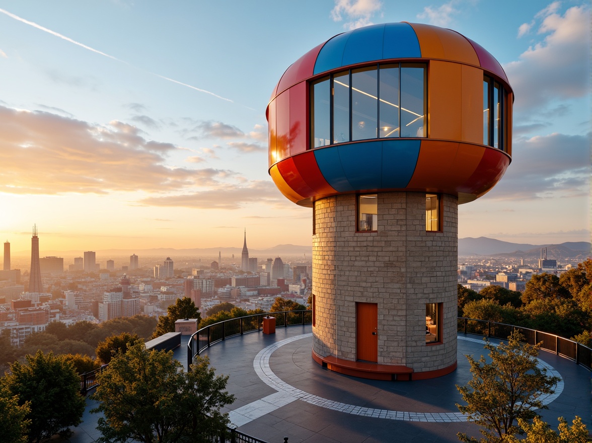 Prompt: Vibrant watching tower, bold color blocking, contrasting hues, warm beige stone walls, cool blue accents, sleek metallic details, modern minimalist design, circular observation deck, panoramic views, dramatic lighting effects, warm golden hour, high dynamic range, 1/1 composition, atmospheric perspective, realistic texture rendering, subtle ambient occlusion.