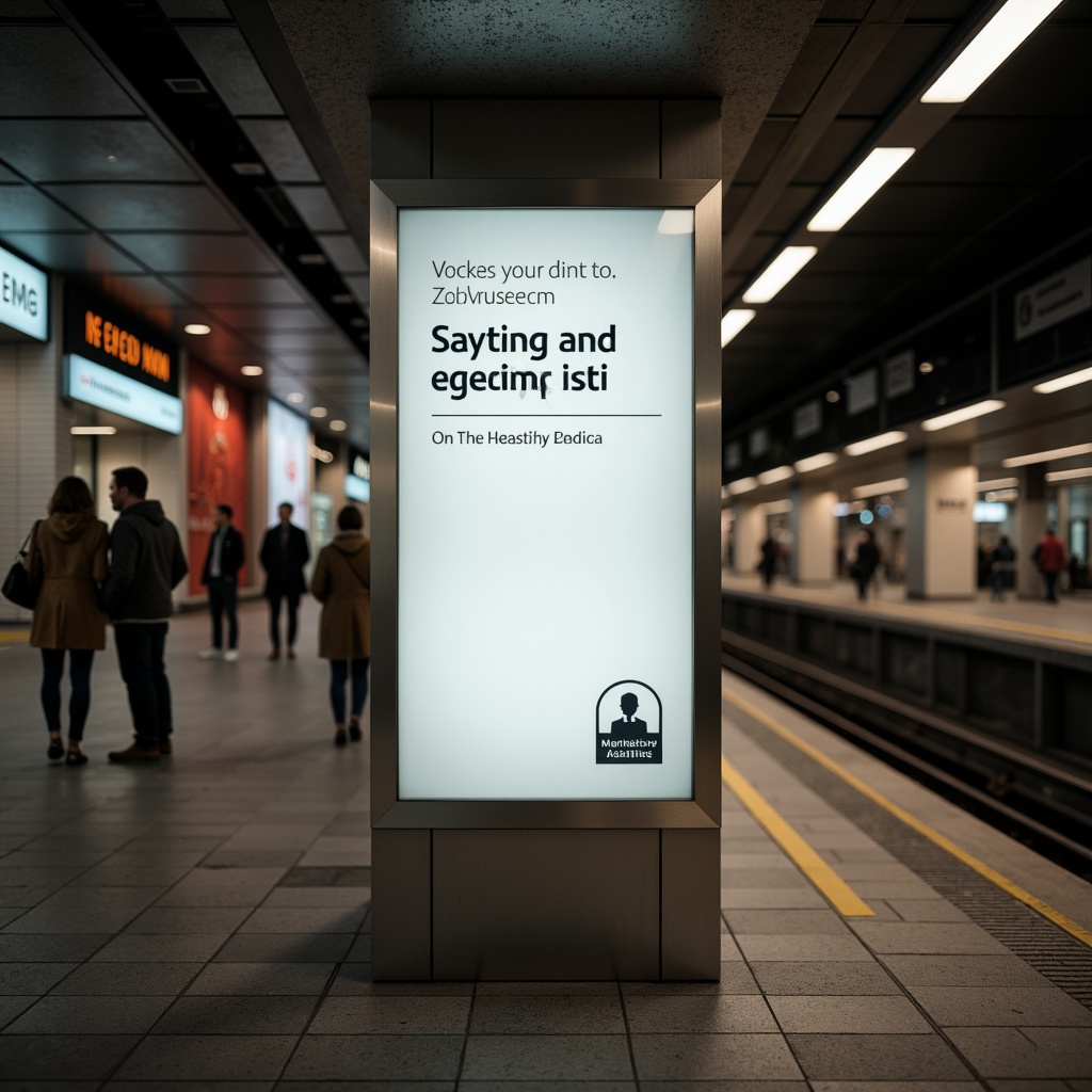 Prompt: Clean metro station signage, minimalist design, simple typography, bold font, neutral color scheme, stainless steel frames, backlit LED displays, sleek glass surfaces, modernist architecture, underground tunnels, urban cityscape, rush hour atmosphere, soft warm lighting, shallow depth of field, 1/1 composition, realistic textures, ambient occlusion.