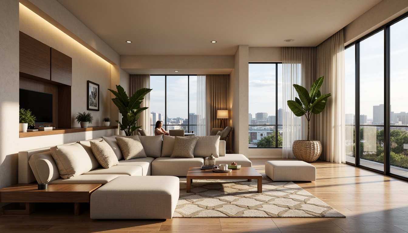 Prompt: Modern living room, sleek furniture, minimalist decor, soft beige walls, polished hardwood floors, floor-to-ceiling windows, cozy reading nook, comfortable sectional sofa, geometric patterned rug, functional storage units, hidden LED lighting, warm ambiance, 1/1 composition, shallow depth of field, realistic textures, ambient occlusion.