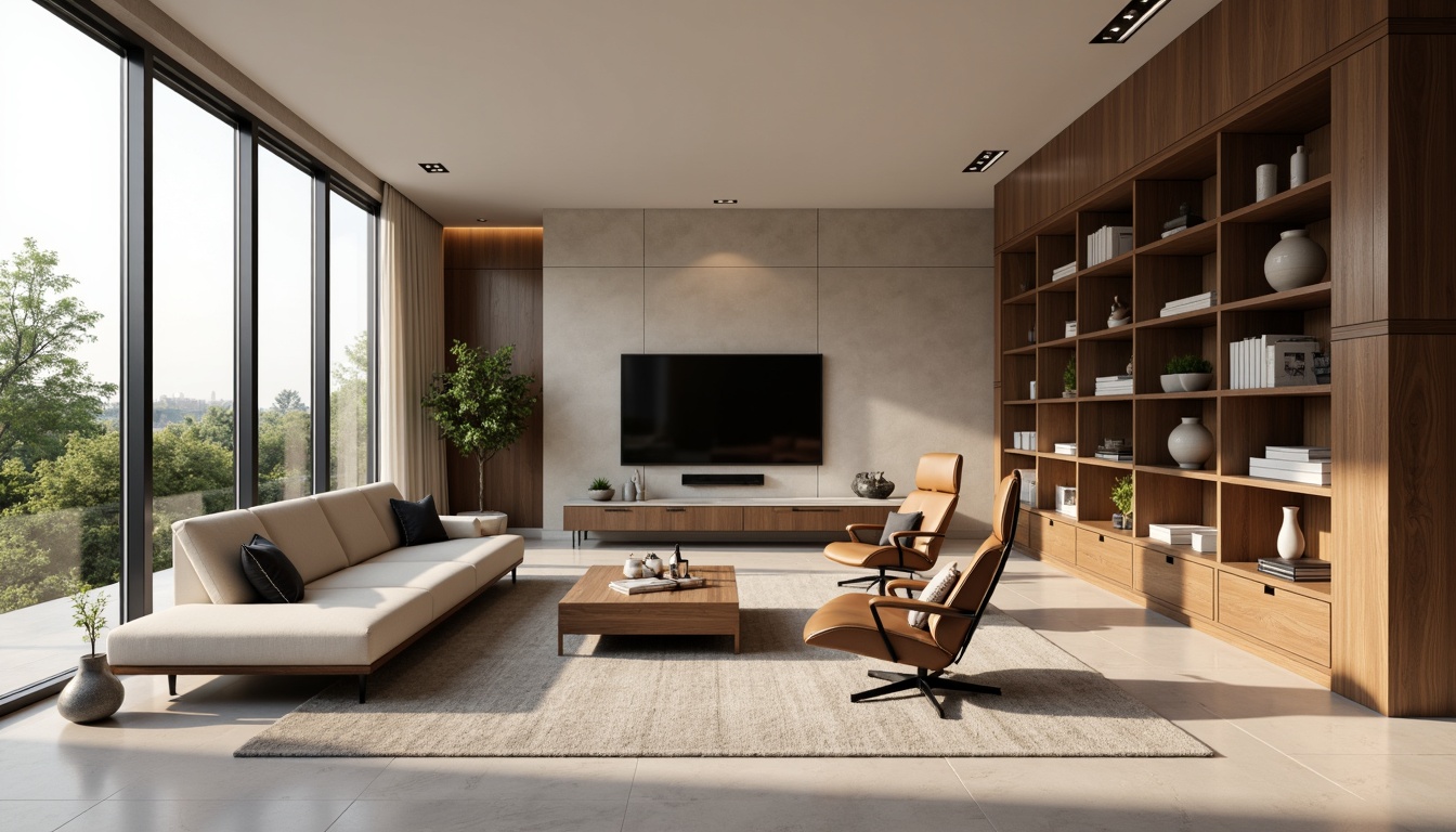 Prompt: Modern minimalist living room, sleek low-profile furniture, ergonomic chairs, built-in shelving units, hidden storage compartments, floor-to-ceiling windows, natural light, soft warm ambiance, 1/1 composition, shallow depth of field, realistic textures, ambient occlusion.