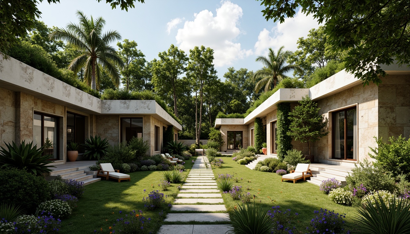 Prompt: \Tropical green walls, lush vegetation, large windows, natural stone facades, curved lines, open floor plans, high ceilings, clerestory windows, solar tubes, wind catchers, operable louvers, shading devices, overhangs, cantilevered roofs, green roofs, living walls, bamboo materials, recycled wood accents, earthy color palette, warm natural lighting, soft breezes, 1/1 composition, shallow depth of field, realistic textures.\Let me know if you need any adjustments!