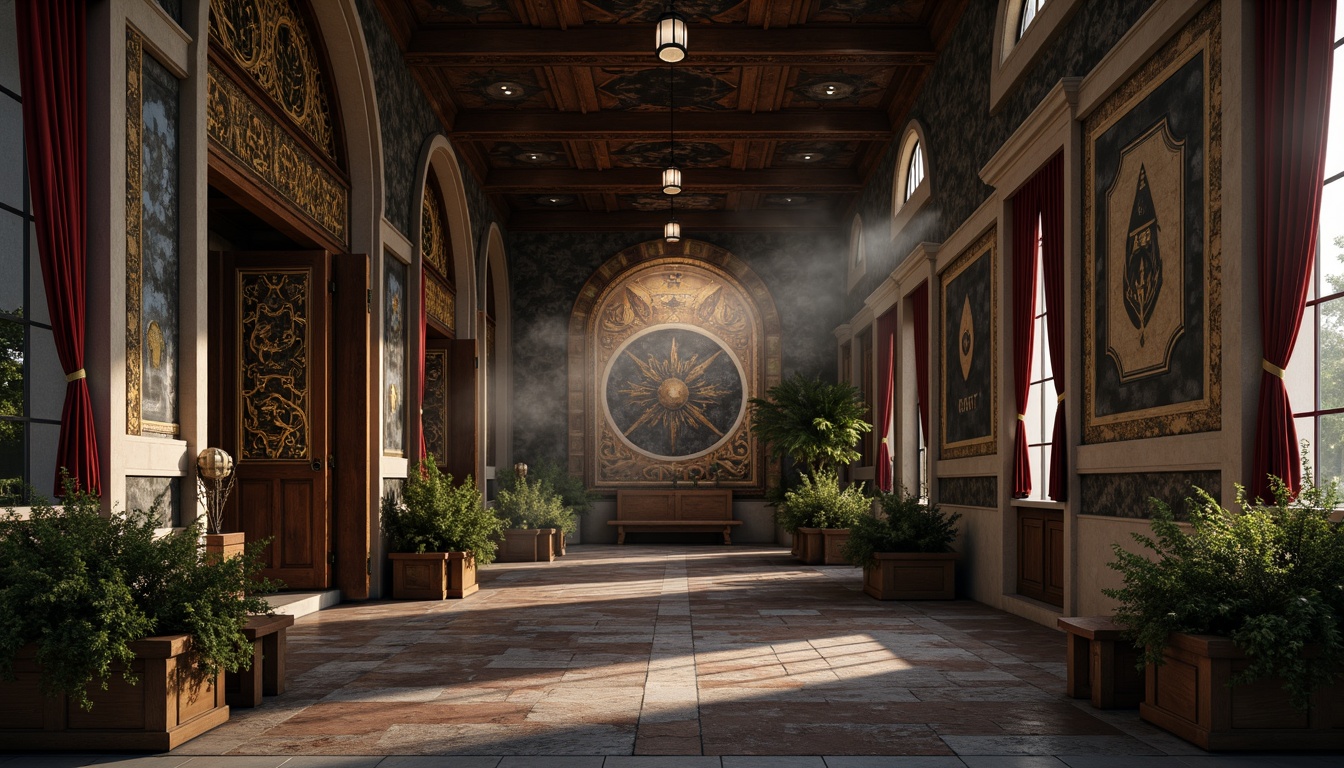 Prompt: Weathered stone walls, ornate carvings, distressed wooden doors, rustic metalwork, faded frescoes, intricate mosaics, velvet drapes, golden accents, mystical symbols, lantern lighting, warm candlelight, atmospheric fog, misty morning, soft diffused light, 1/1 composition, symmetrical framing, realistic textures, ambient occlusion.