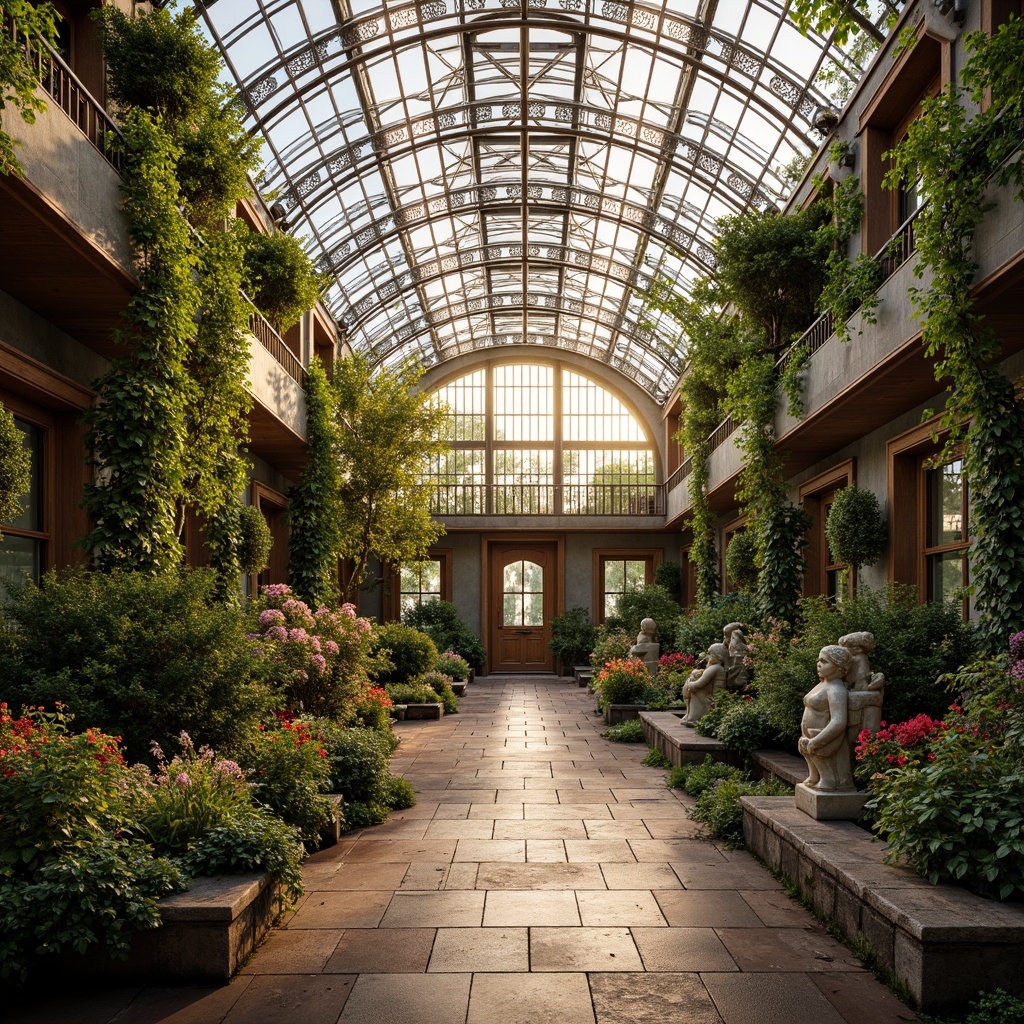 Prompt: Renaissance-inspired greenhouse, ornate metal framework, curved glass roofing, lush greenery, exotic flowers, ivy-covered walls, wooden trellises, natural stone pathways, warm golden lighting, soft misting system, 3/4 composition, panoramic view, realistic textures, ambient occlusion, elegant water features, statues, intricate stonework, rustic wooden doors, vintage gardening tools, distressed finishes, earthy color palette.