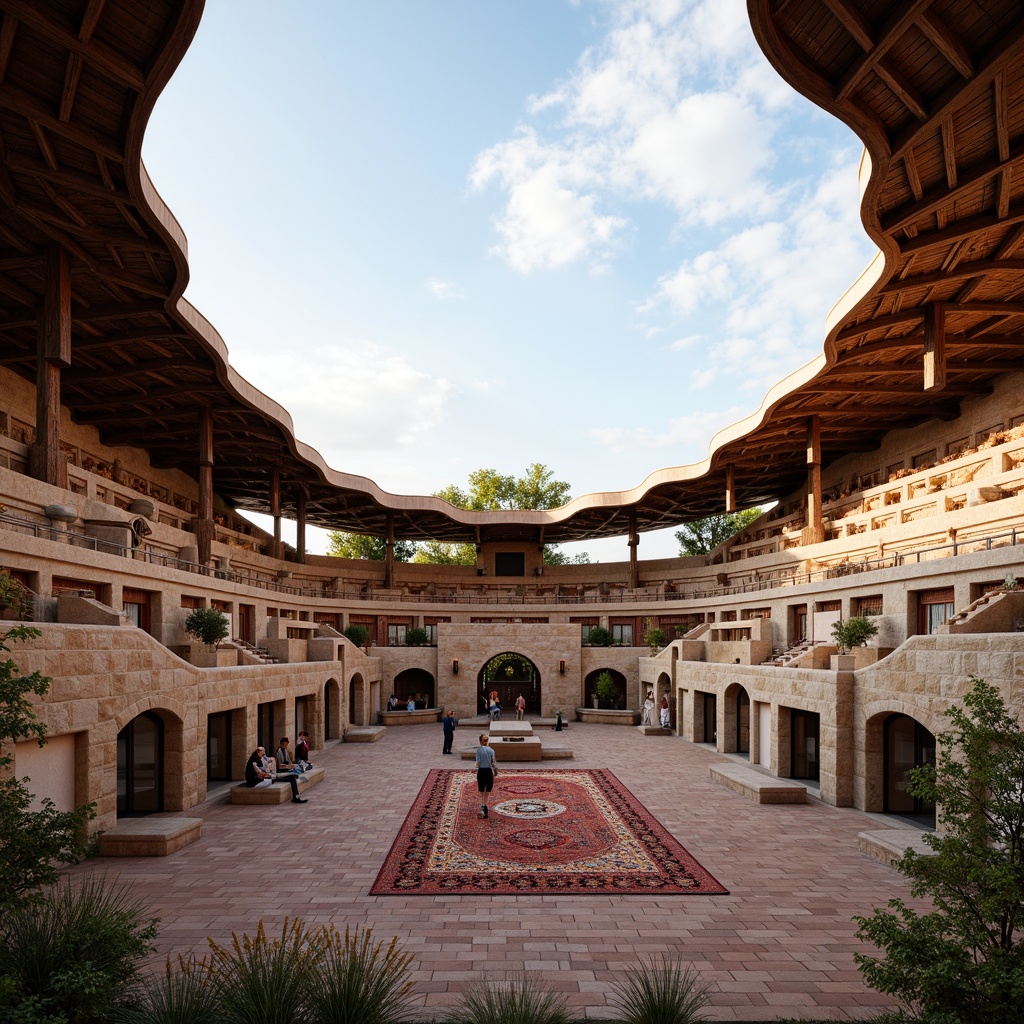 Prompt: Rustic stadium, regional materials, earthy tones, natural stone fa\u00e7ade, wooden accents, curved lines, organic shapes, undulating rooflines, locally-sourced brickwork, vibrant cultural patterns, colorful textiles, woven baskets, traditional craftsmanship, warm afternoon light, soft shadows, 1/1 composition, intimate atmosphere, ambient lighting, realistic textures.