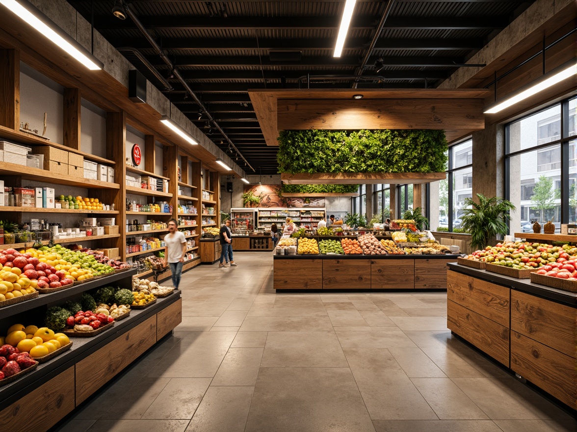 Prompt: Vibrant grocery store interior, warm earthy tones, rich wood accents, fresh produce stands, colorful fruit displays, modern shelving units, bright LED lighting, soft pastel hues, natural stone flooring, wooden crates, woven baskets, greenery installations, urban industrial atmosphere, rustic metal accents, distressed textures, shallow depth of field, 1/2 composition, realistic render, ambient occlusion.