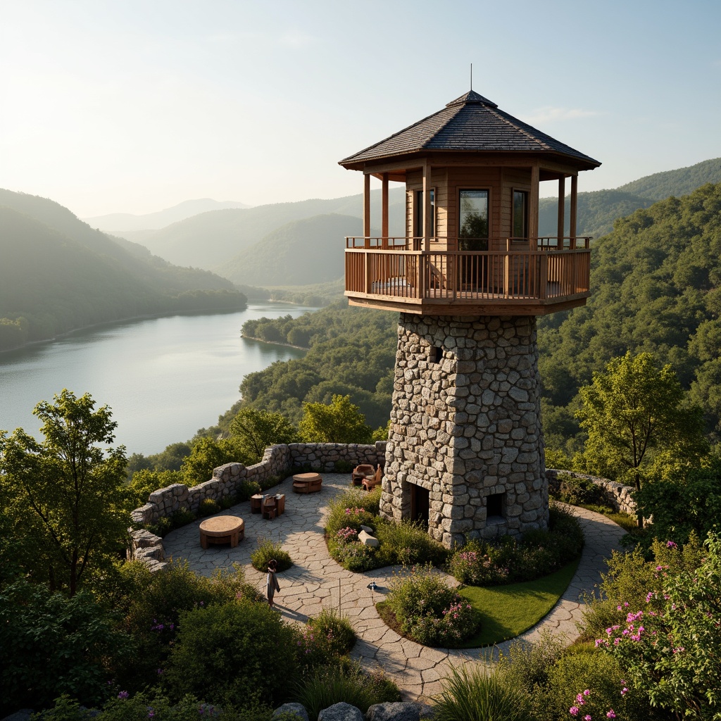 Prompt: Rustic watching tower, stone walls, wooden accents, scenic overlooks, rolling hills, lush greenery, serene lake, misty morning, warm sunlight, soft focus, shallow depth of field, 2/3 composition, panoramic view, realistic textures, ambient occlusion, nature-inspired color palette, earthy tones, natural materials, organic forms, symmetrical architecture, observation decks, binoculars, telescopes, outdoor seating areas, walking trails, wildflowers, birds' nests.