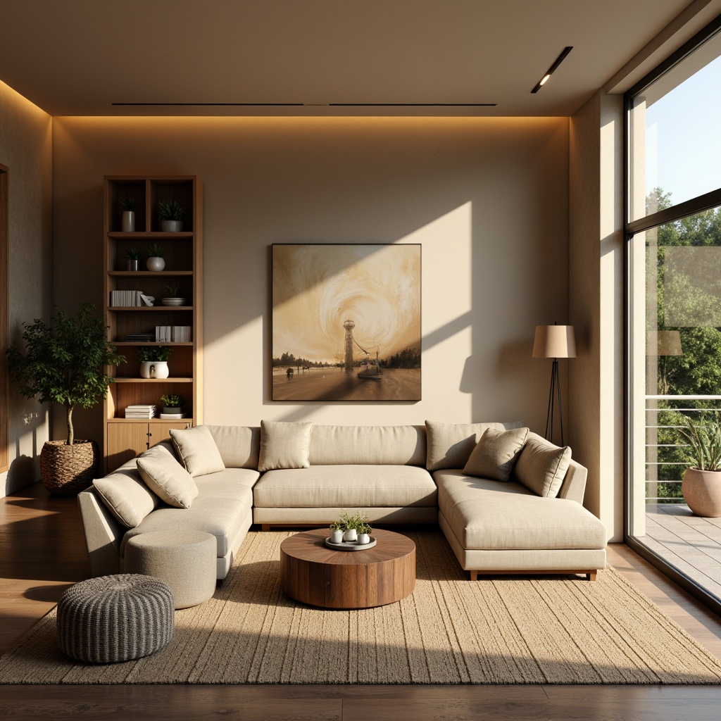 Prompt: Cozy living room, warm beige walls, plush sectional sofa, wooden coffee table, floor lamps, natural fiber rug, calming greenery, large windows, soft diffused lighting, 1/2 composition, intimate atmosphere, harmonious color palette, minimalist decor, comfortable seating area, built-in shelving units, modern abstract artwork, subtle textures, warm earthy tones.