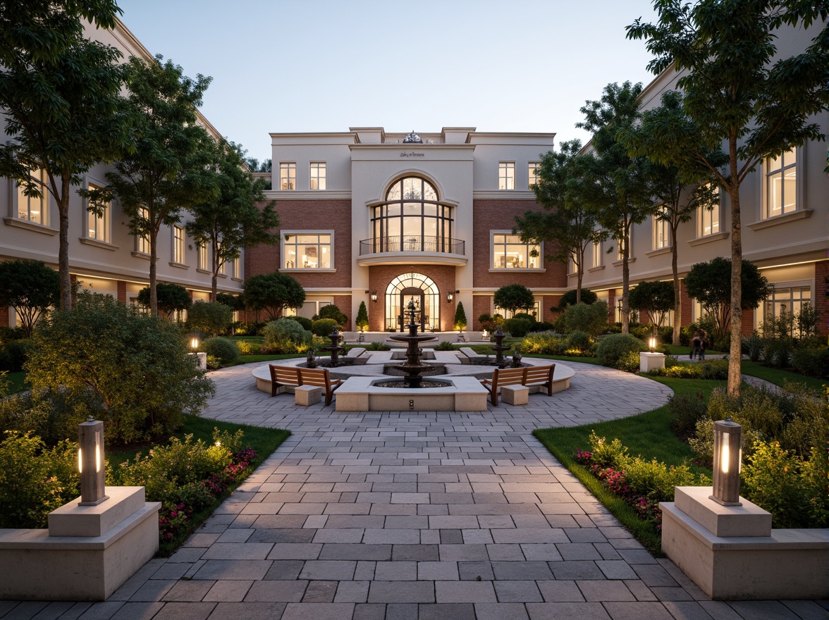 Prompt: Symmetrical youth center building, grand entrance gates, manicured lawns, ornate fountains, walking paths, lantern-style lighting, rustic stone walls, classical statues, vibrant flower beds, geometric-shaped hedges, elegant benches, intricate ironwork, natural stone paving, serene atmosphere, soft warm lighting, shallow depth of field, 3/4 composition, panoramic view, realistic textures, ambient occlusion.