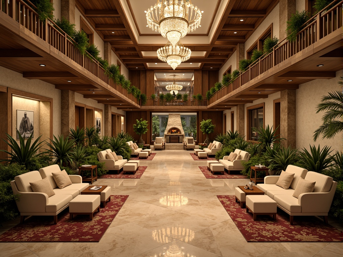 Prompt: Luxurious hotel lobby, rich marble floors, velvety soft carpets, plush couches, wooden accents, warm golden lighting, elegant chandeliers, natural stone walls, earthy toned brickwork, vibrant greenery, tropical plants, intricate metalwork, polished chrome details, ambient cozy atmosphere, warm fireplaces, rustic wood beams, soft cream-colored upholstery, luxurious fabrics, tactile rough-hewn stones, warm beige tones, inviting ambiance, 1/1 composition, shallow depth of field, realistic textures, subtle ambient occlusion.