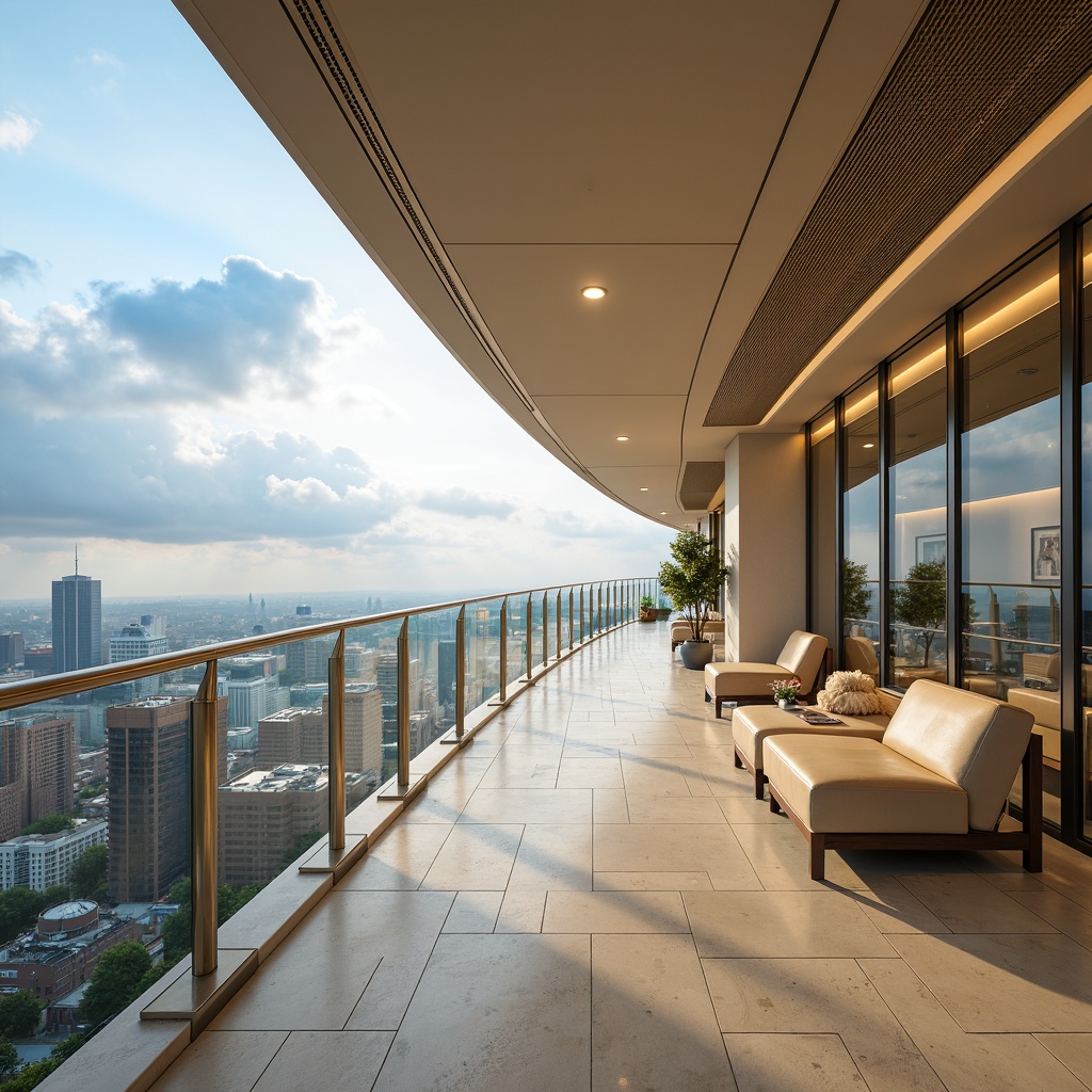 Prompt: Curved lines, metallic accents, minimalist ornamentation, sleek glass railings, polished chrome fixtures, geometric patterned floors, cream-colored walls, warm beige ceilings, luxurious leather upholstery, ambient LED lighting, shallow depth of field, 3/4 composition, panoramic view, realistic textures, soft focus effect, modern skyscraper, urban cityscape, cloudy blue sky, afternoon sunlight, gentle shadows.