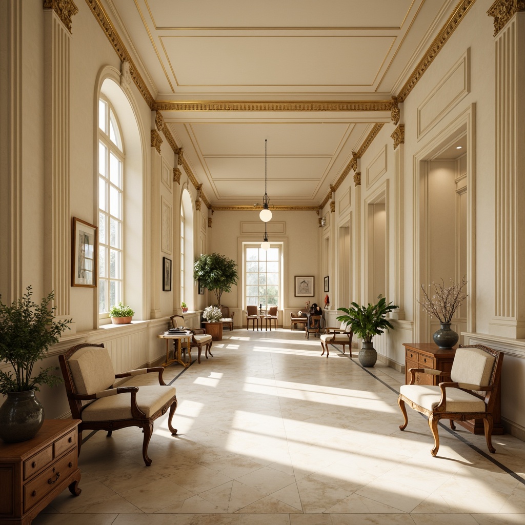 Prompt: Sober clinic interior, neoclassical architecture, cream-colored marble floors, elegant columns, ornate moldings, subtle gold accents, soft natural light, warm beige walls, rich wood furniture, vintage medical equipment, comfortable waiting areas, serene atmosphere, shallow depth of field, 1/1 composition, realistic textures, ambient occlusion.