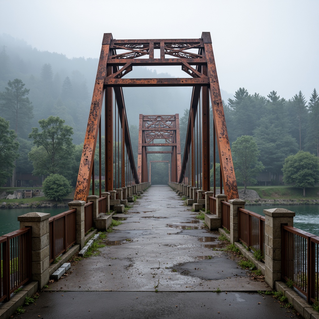 Prompt: Rustic steel bridges, weathered wood accents, sturdy stone piers, reinforced concrete foundations, durable asphalt roadways, corrosion-resistant metal beams, high-strength cable suspensions, robust rivets, galvanized coatings, textured aggregate surfaces, modern cable-stayed design, sweeping arches, scenic river views, misty morning atmosphere, soft natural lighting, 1/2 composition, dramatic depth of field.