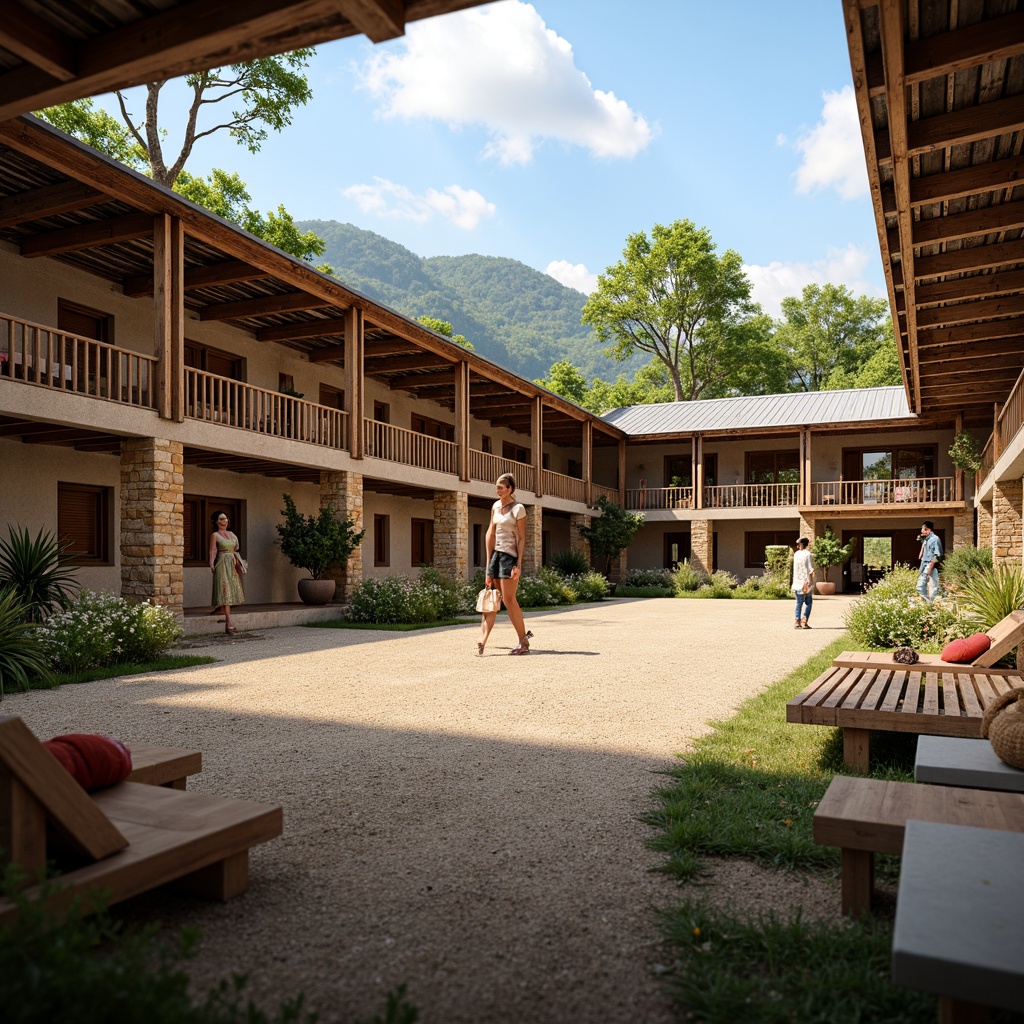 Prompt: Rustic stadium, locally sourced materials, earthy tones, natural stone fa\u00e7ades, wooden beams, corrugated metal roofs, vibrant cultural patterns, traditional craftsmanship, regional architectural influences, lush greenery, sunny day, warm soft lighting, shallow depth of field, 3/4 composition, panoramic view, realistic textures, ambient occlusion.