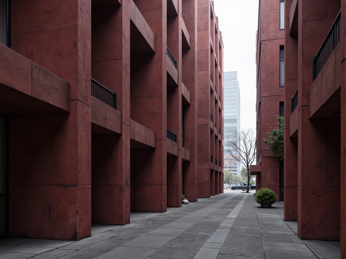 Prompt: Rugged brutalist building, maroon concrete walls, industrial metal beams, raw stone textures, geometric angular forms, fortress-like structure, urban cityscape background, dramatic low-key lighting, misty atmosphere, shallow depth of field, 2/3 composition, realistic rough materials, ambient occlusion, modern minimalist interior, functional simplicity, bold color accents.