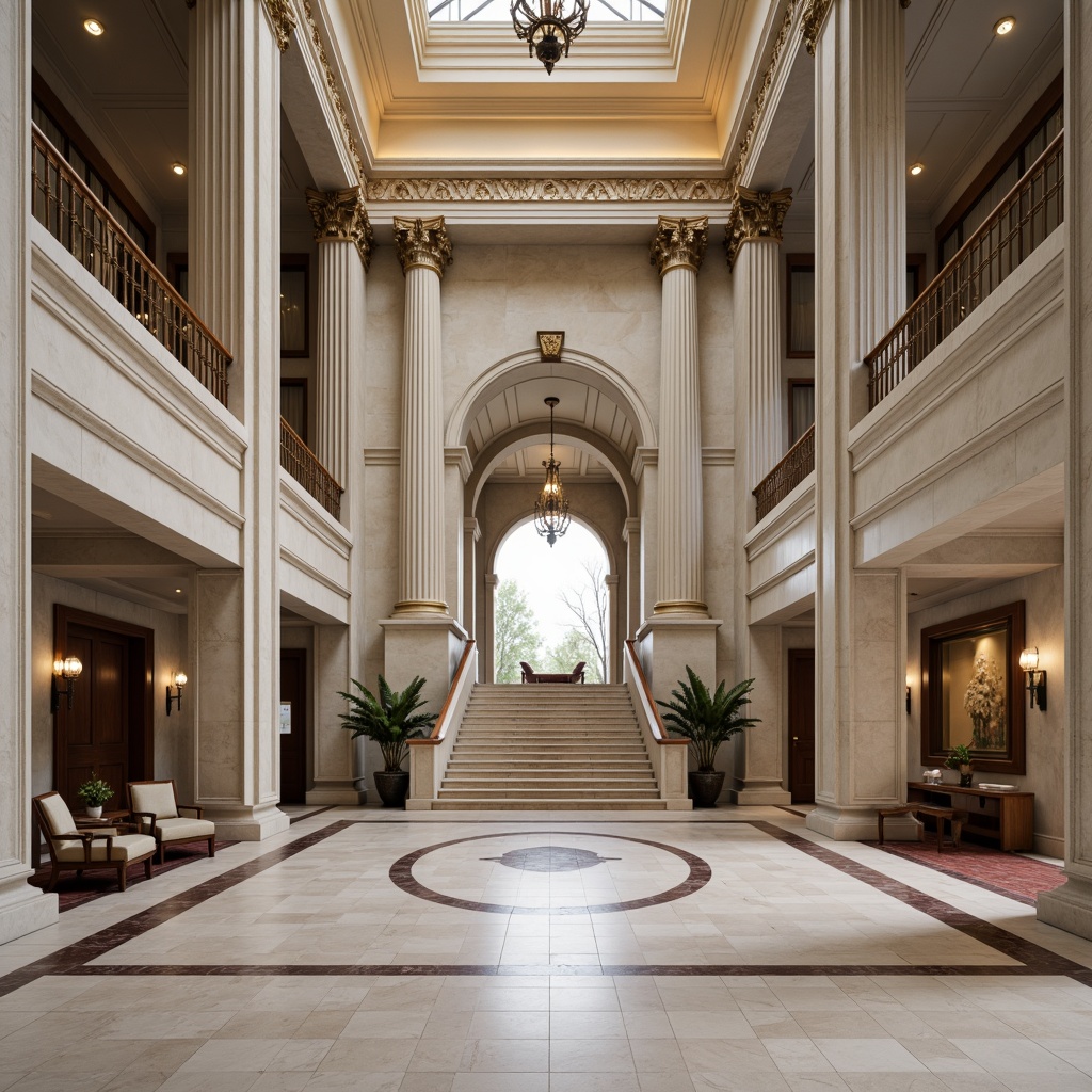 Prompt: Grand clinic entrance, imposing Doric columns, symmetrical fa\u00e7ade, ornate stone carvings, polished marble floors, stately staircase, elegant archways, harmonious proportions, balanced composition, central axis symmetry, bilateral symmetry, radial symmetry, luxurious chandeliers, refined wooden accents, subtle color palette, soft natural lighting, shallow depth of field, 1/2 composition, realistic textures, ambient occlusion.