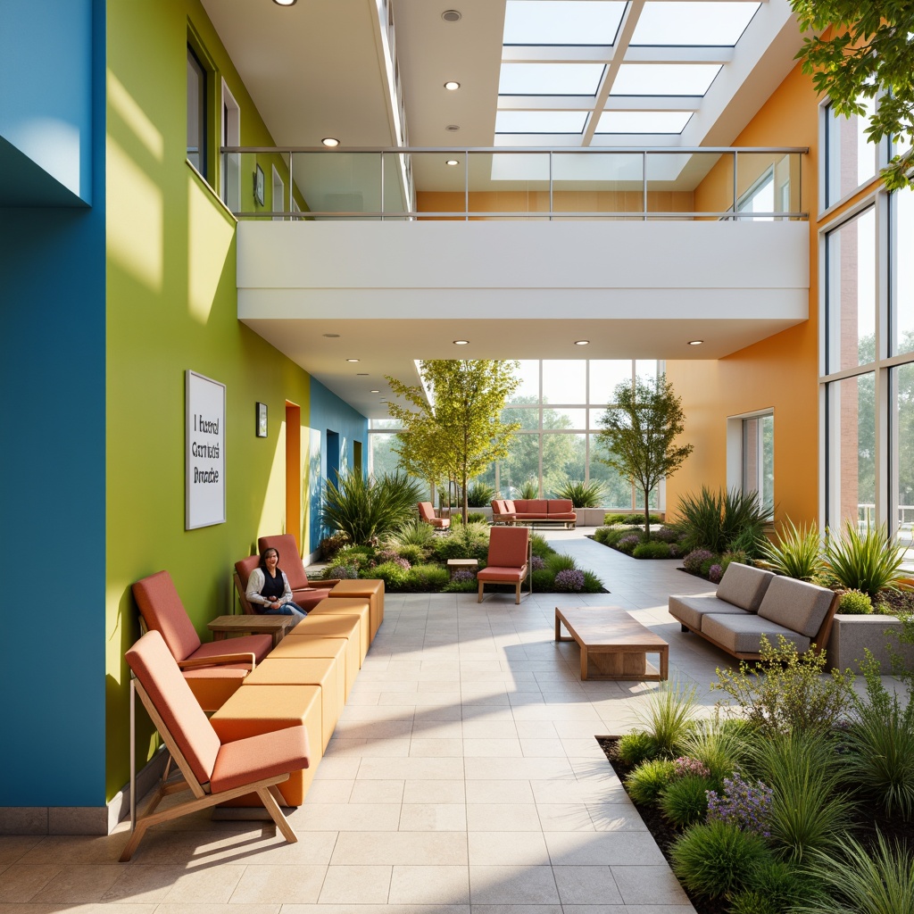 Prompt: Vibrant rehabilitation center, dynamic color schemes, calming blue hues, soothing green accents, energetic yellow tones, stimulating orange shades, neutral beige backgrounds, natural wood textures, soft warm lighting, comfortable seating areas, spacious open floors, adaptive equipment layouts, accessible ramps, calming water features, serene outdoor gardens, minimalist interior design, functional furniture pieces, uplifting artwork displays, inspirational quotes, supportive staff facilities, patient-centric amenities.