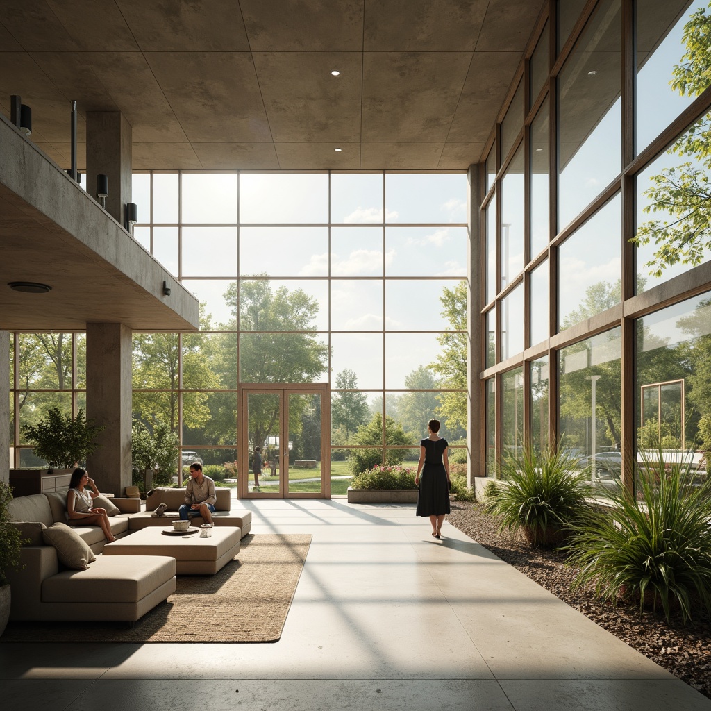 Prompt: Natural light-filled interior, transparent glass facades, minimalist window frames, diffused soft lighting, warm cozy ambiance, modern sleek architecture, reflective surfaces, ambient occlusion, subtle shading, 1/1 composition, shallow depth of field, panoramic view, realistic textures.