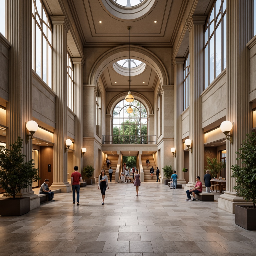 Prompt: Grand youth center, neoclassical facade, ionic columns, ornate cornices, symmetrical composition, balanced proportions, limestone walls, arched windows, circular pediments, rusticated base, subtle pilasters, stately entrance, sweeping staircases, polished marble floors, elegant chandeliers, soft warm lighting, shallow depth of field, 3/4 composition, panoramic view, realistic textures, ambient occlusion.