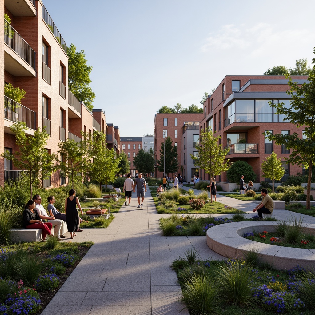 Prompt: Vibrant community center, urban housing complex, modern architecture, green roofs, vertical gardens, public art installations, outdoor seating areas, pedestrian walkways, bike lanes, street furniture, sustainable materials, energy-efficient systems, natural ventilation, abundant natural light, 1/1 composition, shallow depth of field, warm color palette, soft focus, atmospheric lighting.