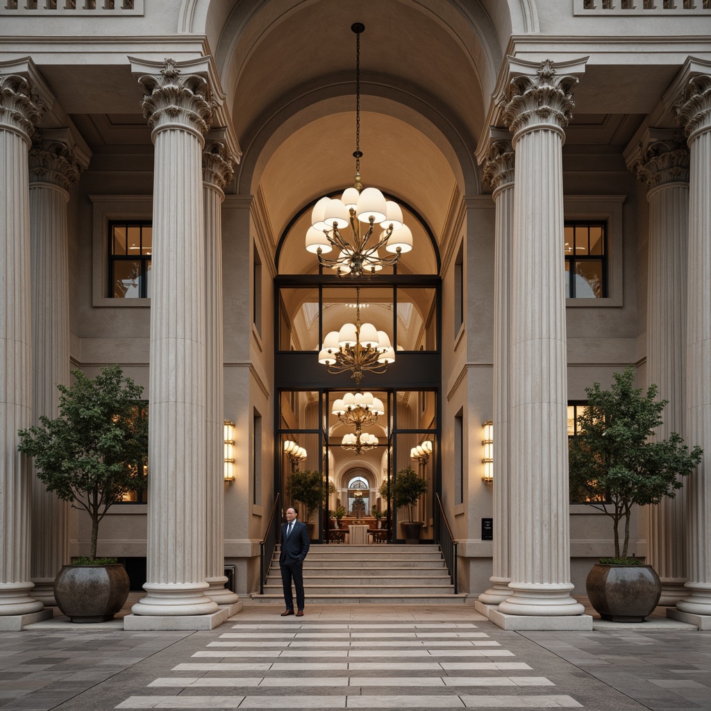 Prompt: Grand clinic entrance, imposing columns, ornate capitals, fluted shafts, limestone or marble materials, symmetrical facade, classical proportions, grand archways, sweeping staircases, luxurious chandeliers, high ceilings, intricate moldings, subtle color palette, soft diffused lighting, shallow depth of field, 1/2 composition, frontal view, realistic textures, ambient occlusion.