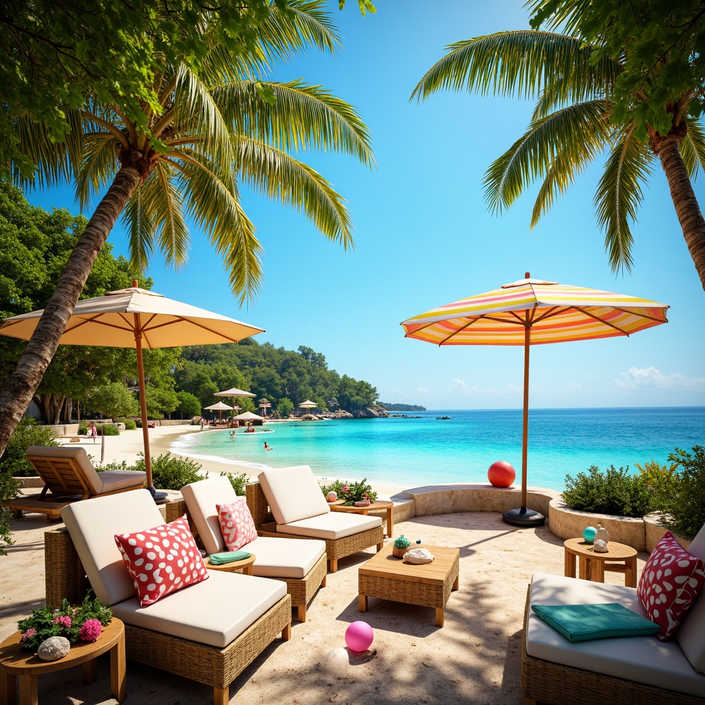 Prompt: Vibrant tropical island, lush green palms, bright coral reefs, turquoise ocean waves, sunny day, warm golden lighting, shallow depth of field, 3/4 composition, panoramic view, realistic textures, ambient occlusion, colorful beach balls, striped umbrellas, woven rattan furniture, natural wood accents, bold geometric patterns, playful polka dots, whimsical floral arrangements, pastel-colored seashells, iridescent peacock feathers, metallic gold accents, soft focus background.