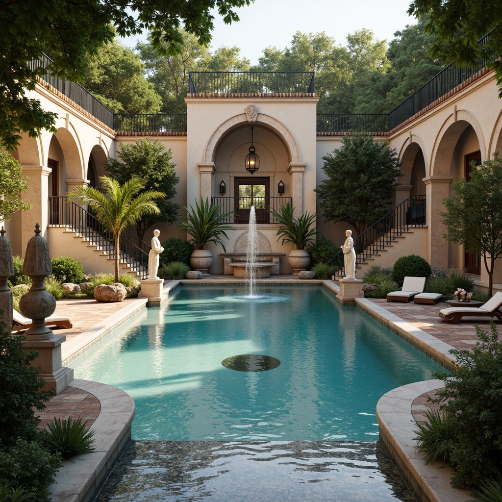 Prompt: Elegant swimming pool, ornate fountain, cascading waterfalls, Romanesque columns, carved stone statues, intricate mosaic patterns, turquoise water, lush greenery surroundings, ornamental lanterns, grand staircases, symmetrical layout, serene ambiance, soft warm lighting, shallow depth of field, 1/1 composition, realistic textures, ambient occlusion.