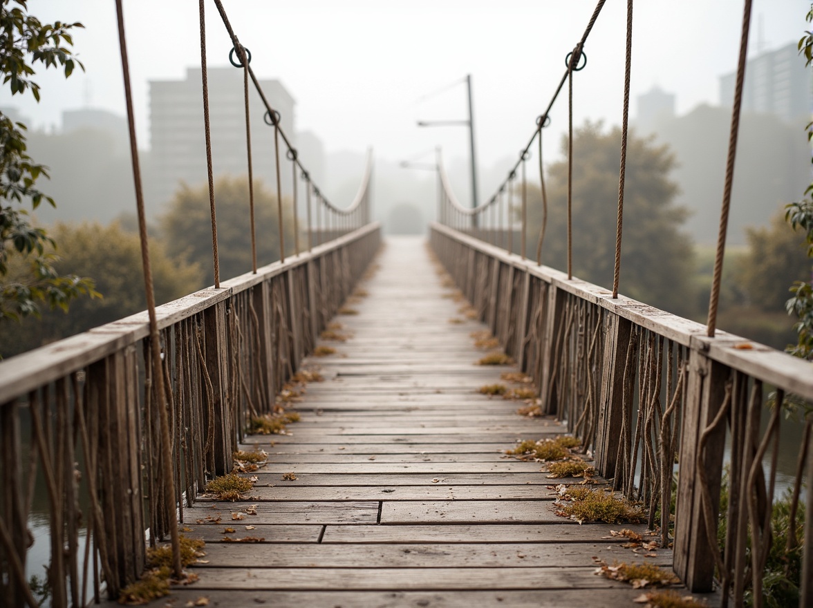 Prompt: Rustic pedestrian bridge, wooden planks, woven rope railings, natural fiber textiles, earthy tone colors, rough stone piers, steel cable suspensions, modern minimalist design, subtle ambient lighting, misty morning atmosphere, shallow depth of field, 1/1 composition, realistic wood grain textures, ambient occlusion.