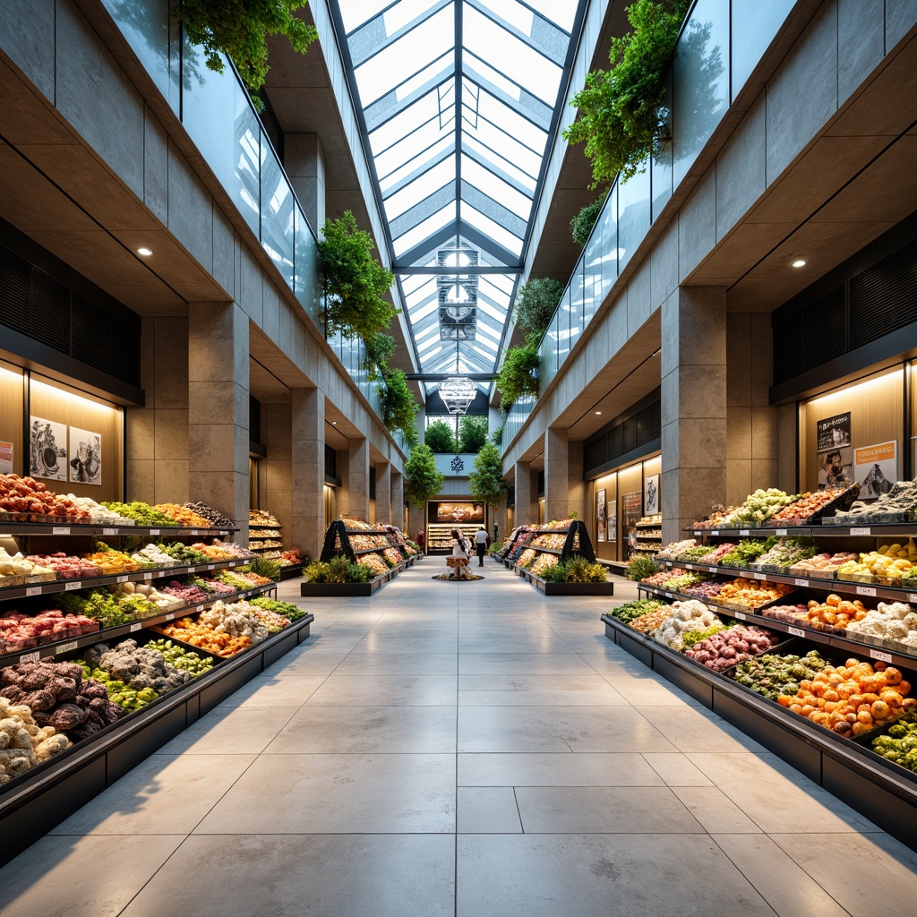 Prompt: Geometric grocery store, symmetrical aisles, sleek metal shelving, vibrant colorful product displays, modern LED lighting, polished marble floors, reflective glass ceilings, angular columnar structures, minimalist signage, natural stone walls, abundant greenery, airy open spaces, warm inviting atmosphere, shallow depth of field, 1/1 composition, panoramic view, realistic textures, ambient occlusion.